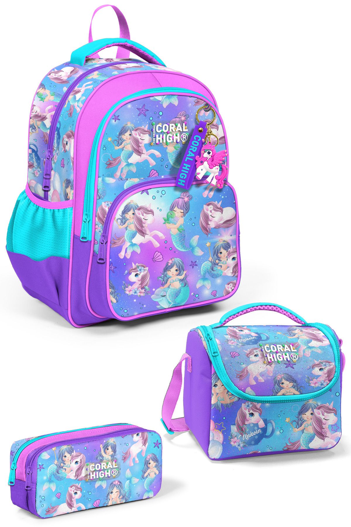 Kids Mor Pembe Unicorn Deniz Kızı Desenli 3'lü Okul Çanta Seti SET0123657