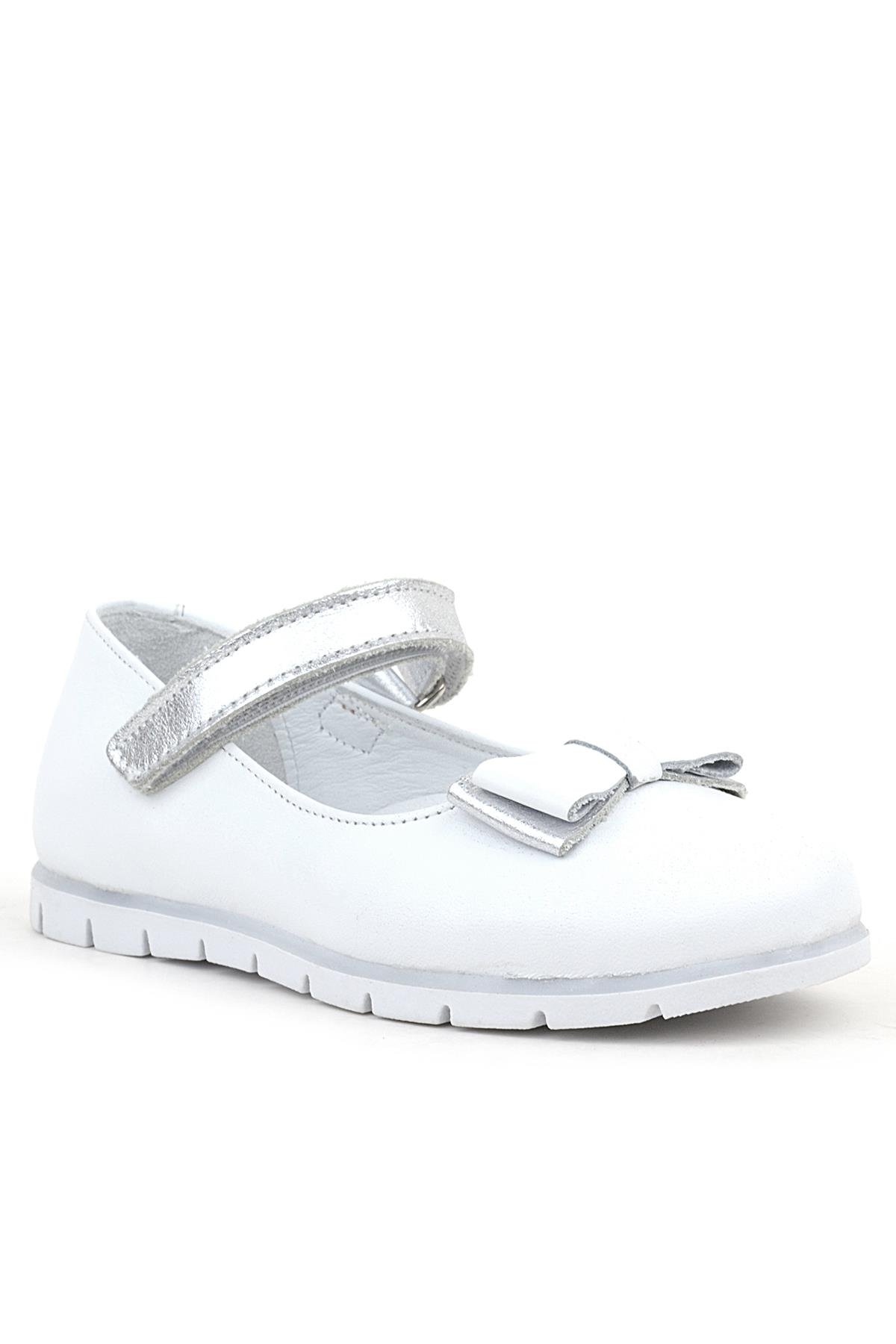 Hakiki Deri Beyaz Gümüş Fiyonklu Cırtlı Kız Çocuk Babet - Görsel 3