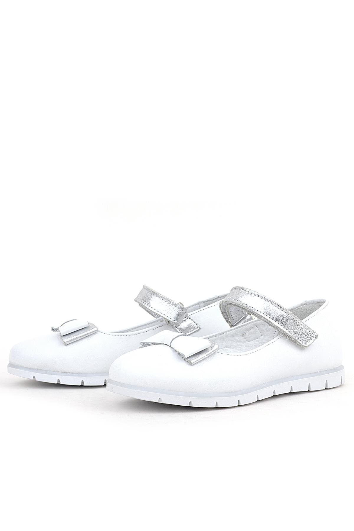 Hakiki Deri Beyaz Gümüş Fiyonklu Cırtlı Kız Çocuk Babet - Görsel 5