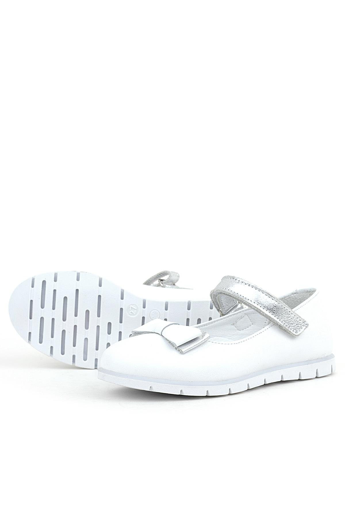 Hakiki Deri Beyaz Gümüş Fiyonklu Cırtlı Kız Çocuk Babet - Görsel 6