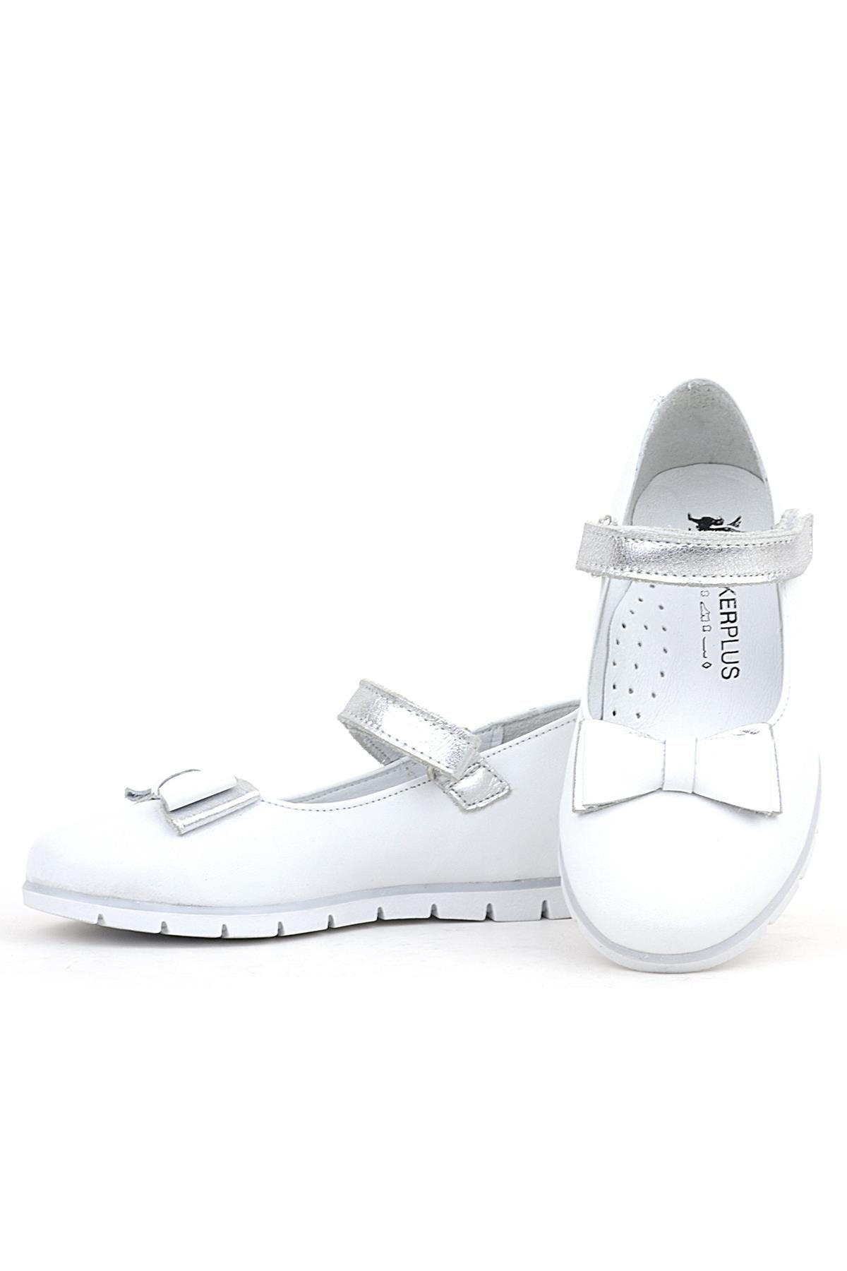 Hakiki Deri Beyaz Gümüş Fiyonklu Cırtlı Kız Çocuk Babet - Görsel 7