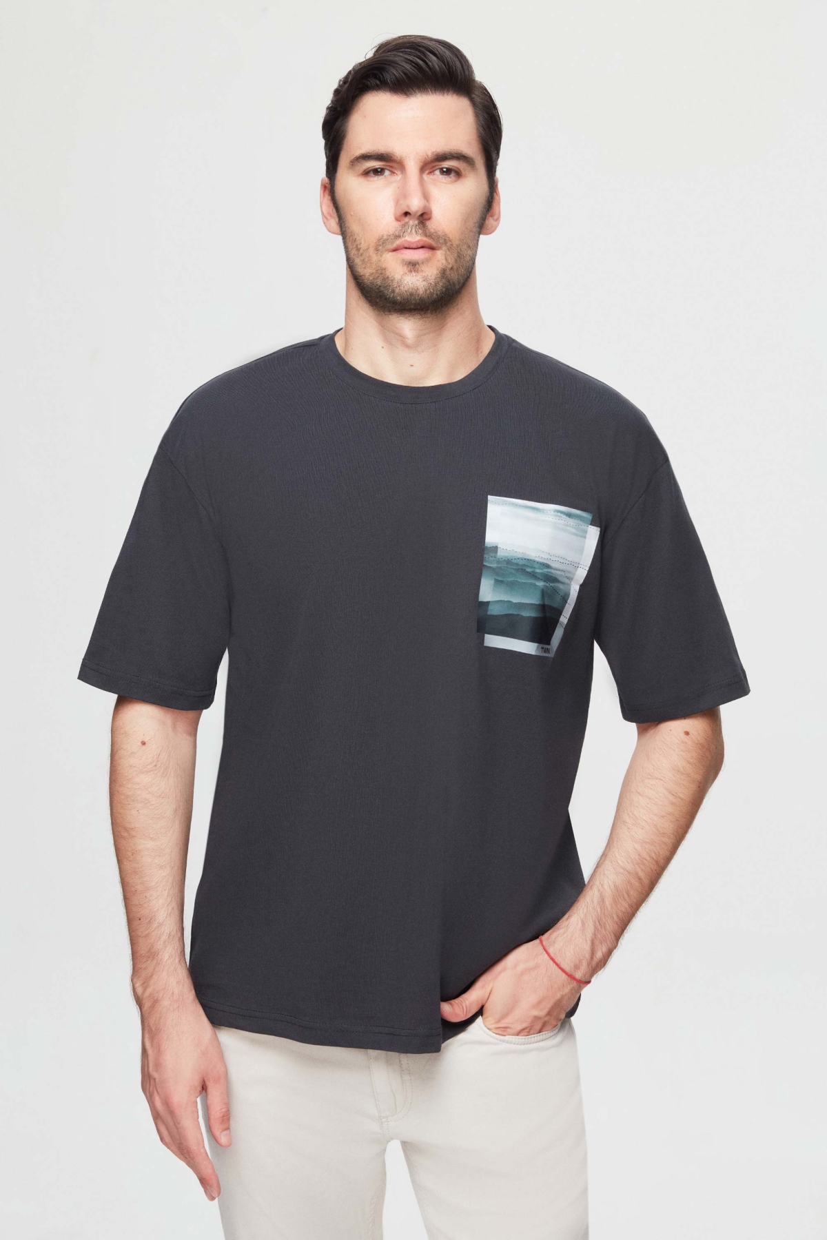 Oversize Antrasit Baskılı %100 Pamuk T-Shirt