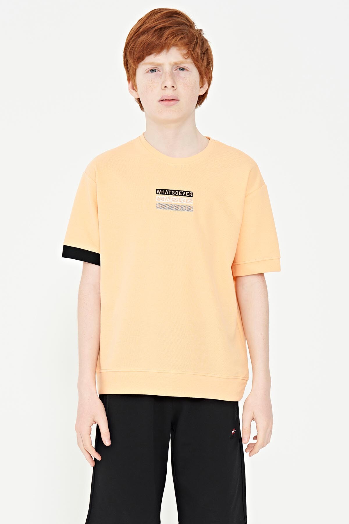 Kavun Içi Yazı Nakışlı O Yaka Oversize Erkek Çocuk T-Shirt - 11146