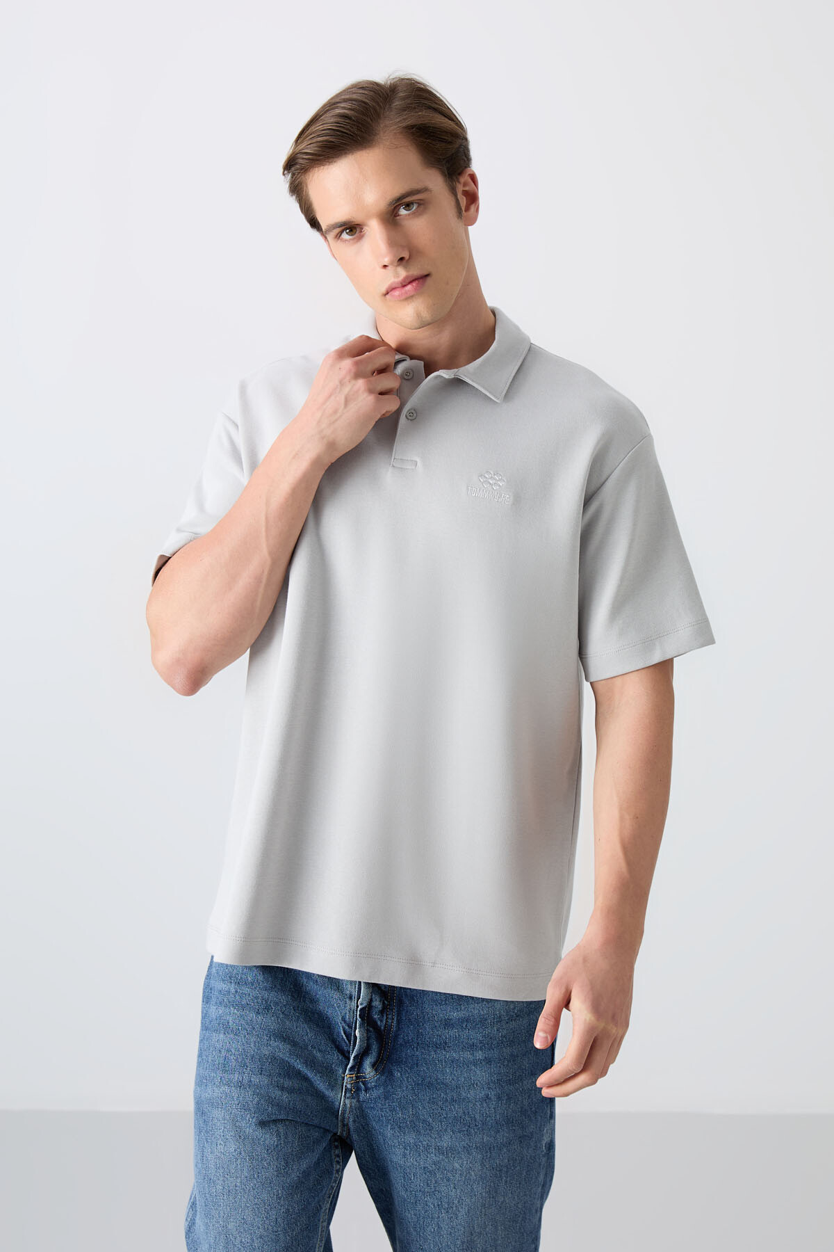 Taş Pamuklu Kalın Yumuşak Dokulu Oversize Fit Basic Polo Yaka Erkek T-Shirt - 88327