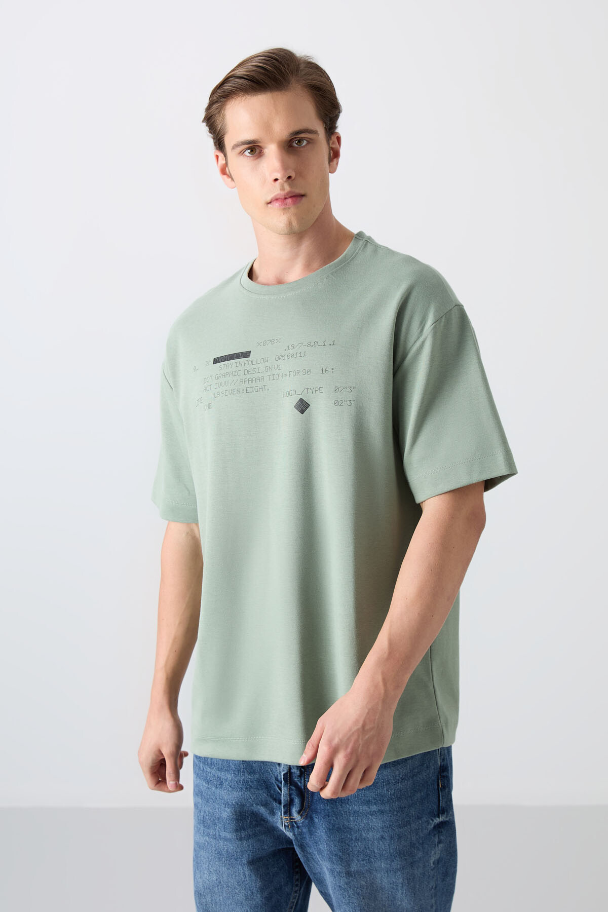 TOMMYLIFE Açık Yeşil Pamuk Kalın Yumuşak Dokulu Oversize Fit Baskılı Erkek T-Shirt - 88326