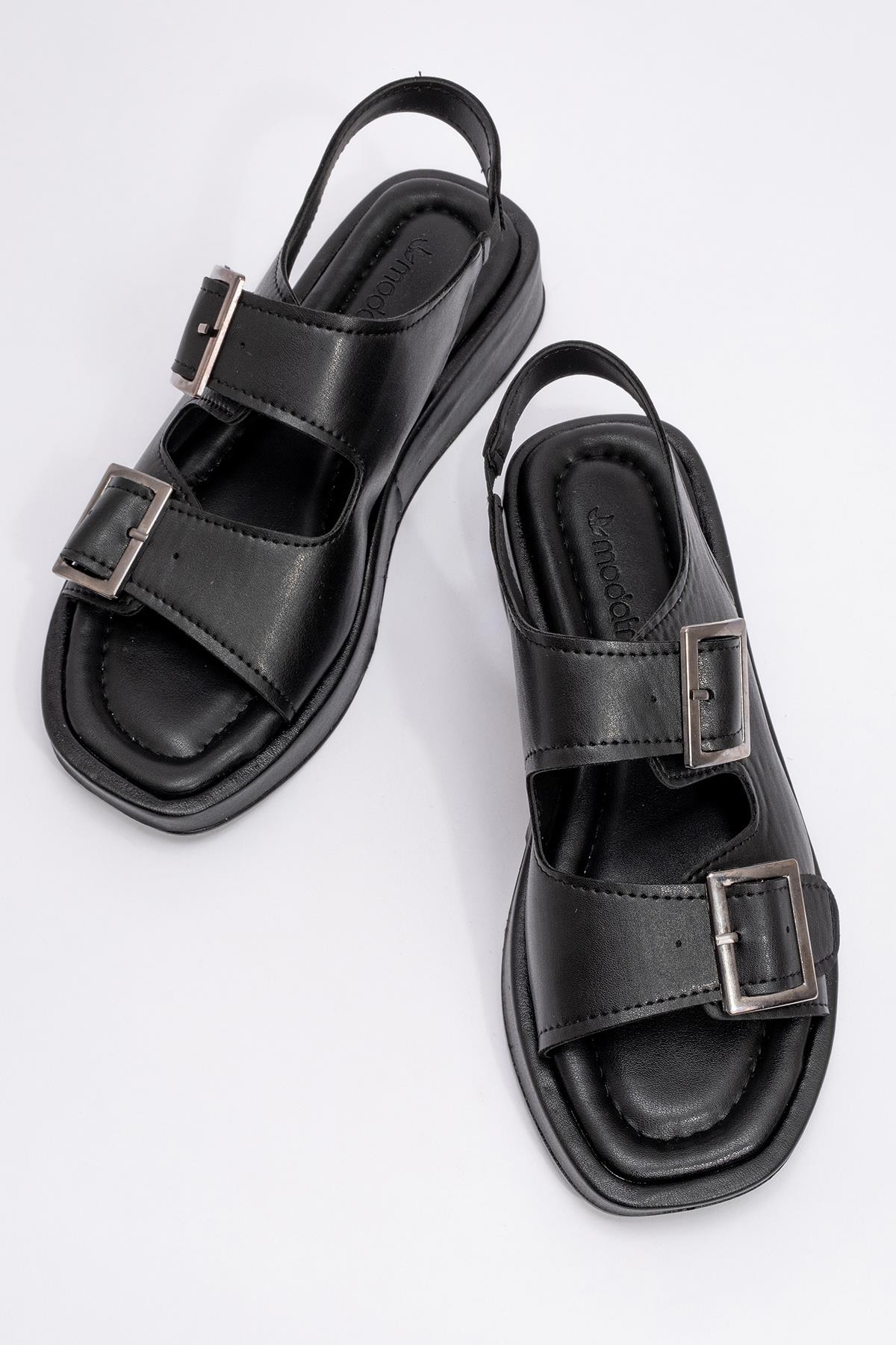 Kadın Çift Tokalı Lastikli Sandalet SİYAH - Görsel 6