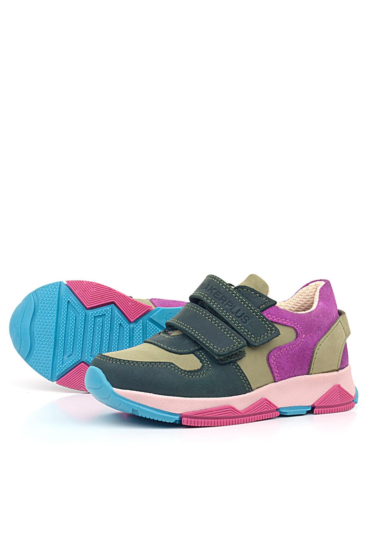 Hakiki Deri Haki Yeşil Fuşya Çocuk Cırtlı Sneakers Spor Ayakkabı - Görsel 6