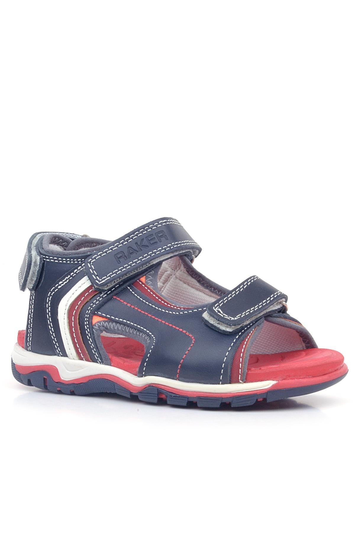 Hakiki Deri Kırmızı Tabanlı Lacivert Cırtlı Erkek Çocuk Sandalet - Görsel 2
