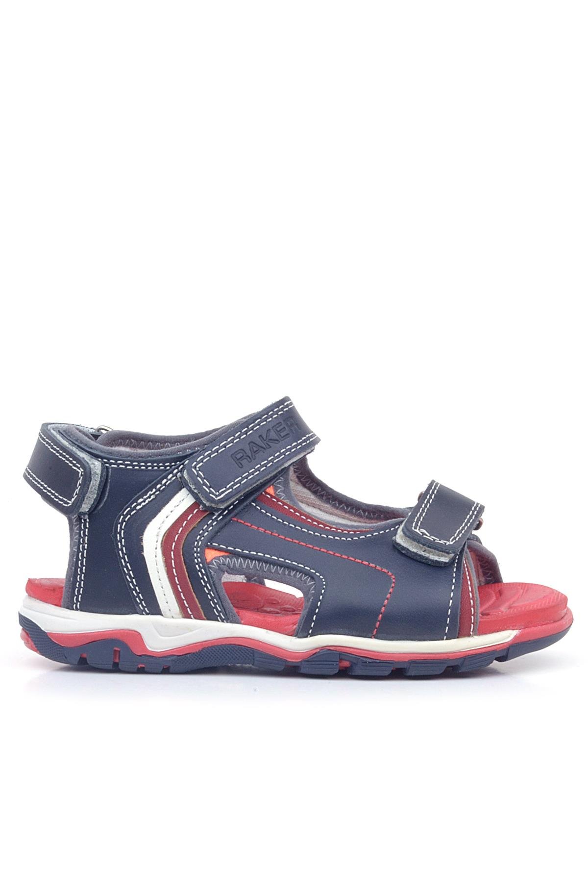Hakiki Deri Kırmızı Tabanlı Lacivert Cırtlı Erkek Çocuk Sandalet - Görsel 3