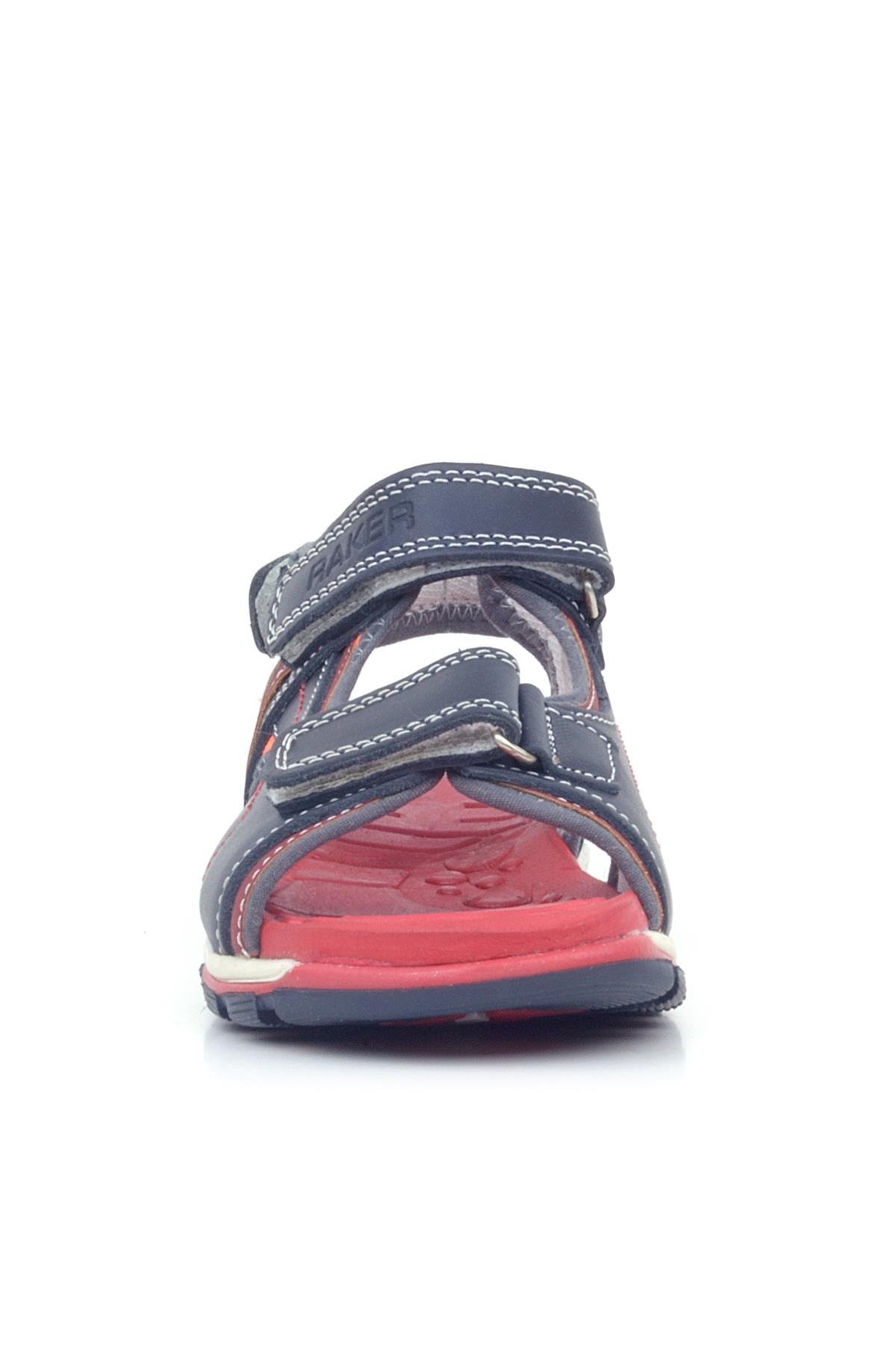 Hakiki Deri Kırmızı Tabanlı Lacivert Cırtlı Erkek Çocuk Sandalet - Görsel 4