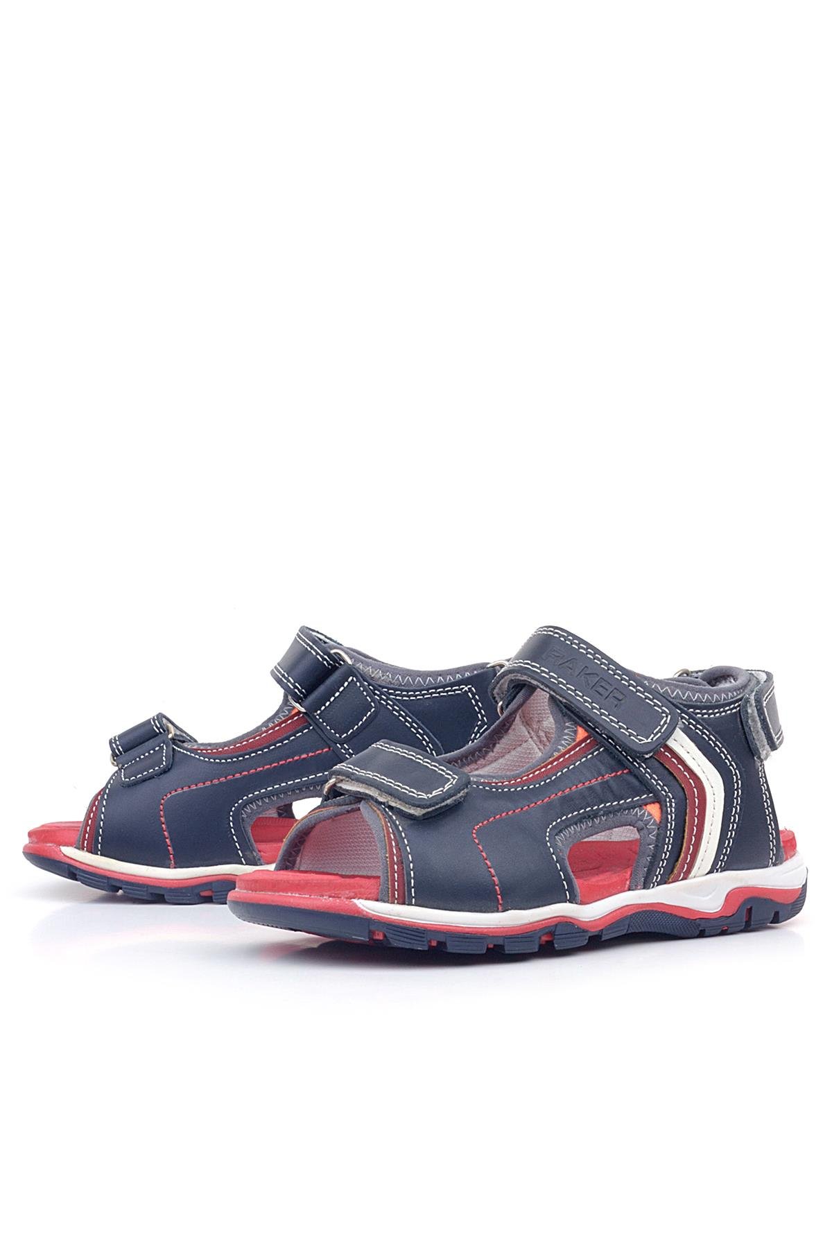Hakiki Deri Kırmızı Tabanlı Lacivert Cırtlı Erkek Çocuk Sandalet - Görsel 5