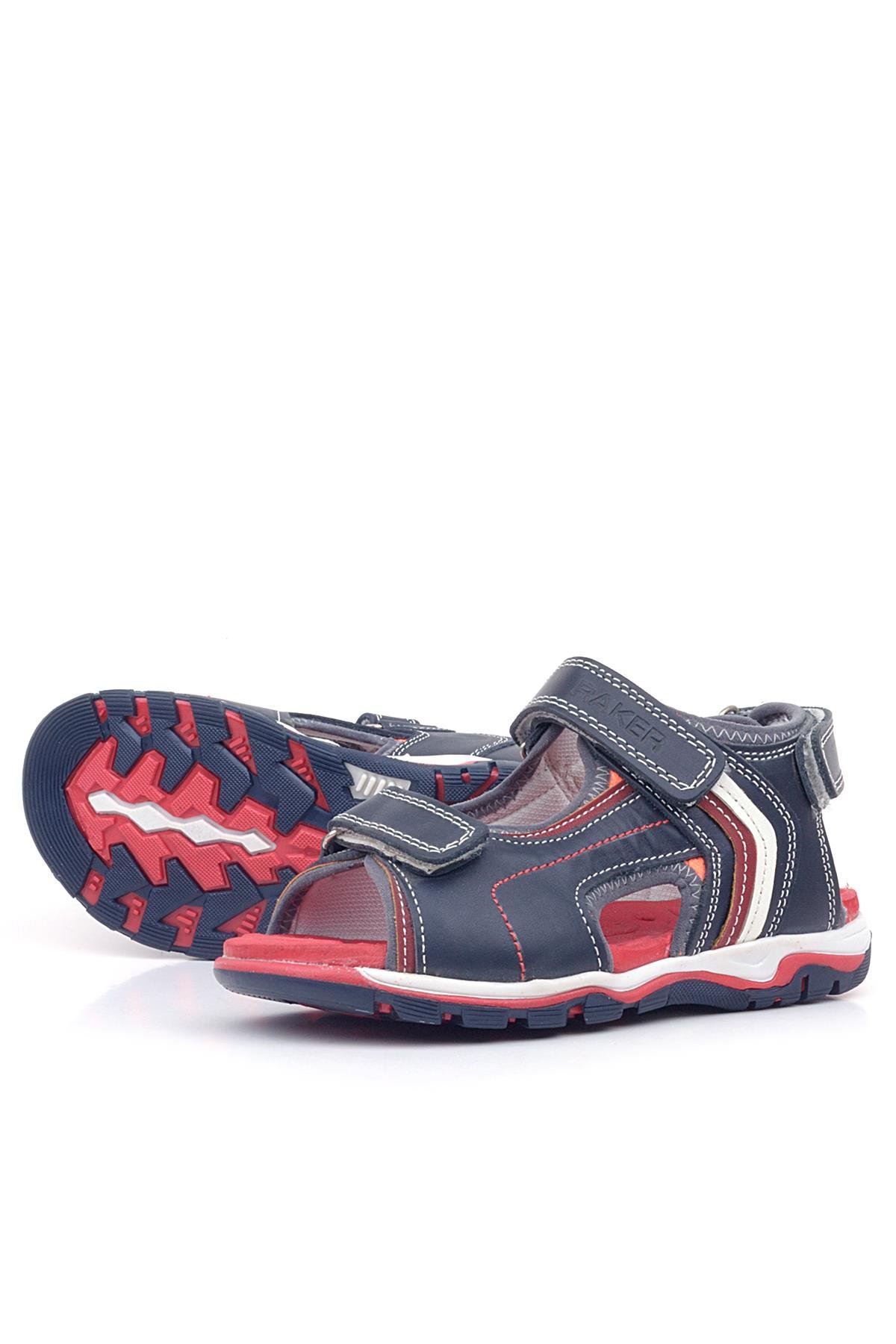 Hakiki Deri Kırmızı Tabanlı Lacivert Cırtlı Erkek Çocuk Sandalet - Görsel 6
