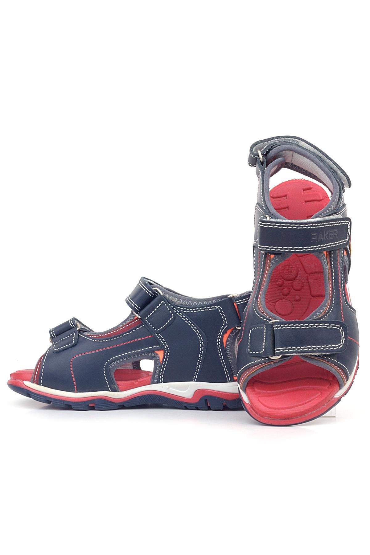 Hakiki Deri Kırmızı Tabanlı Lacivert Cırtlı Erkek Çocuk Sandalet - Görsel 7