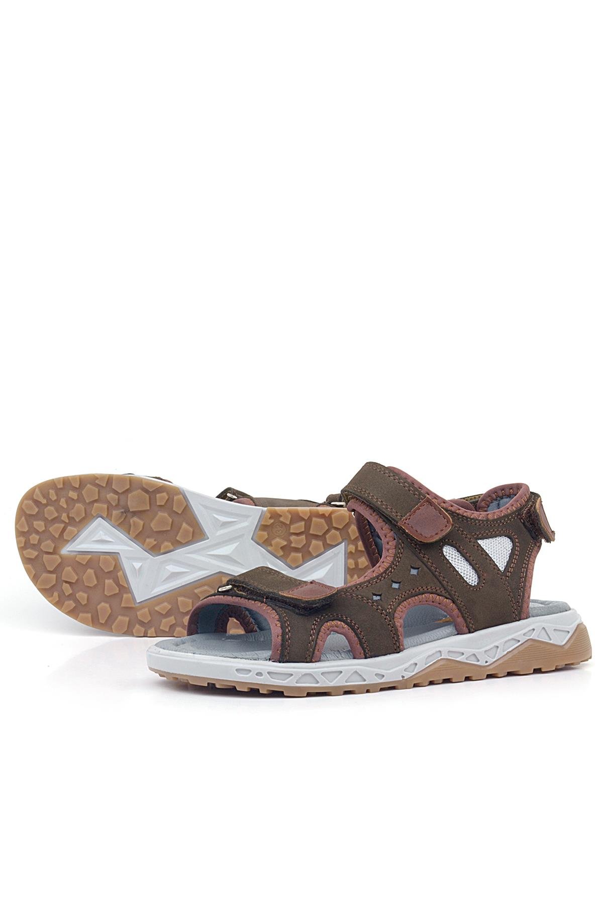 Hakiki Deri Koyu Kahverengi Cırt Cırtlı Çocuk Sandalet Ayakkabı - Görsel 6