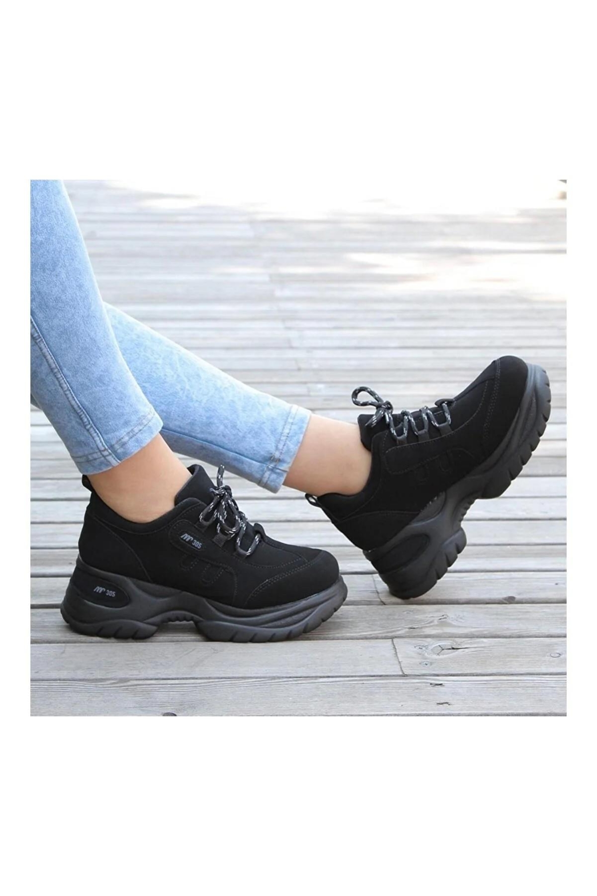 305 Siyah Orijinal Ürün Kalın Taban Kadın Yürüyüş Ayakkabısı - Görsel 4