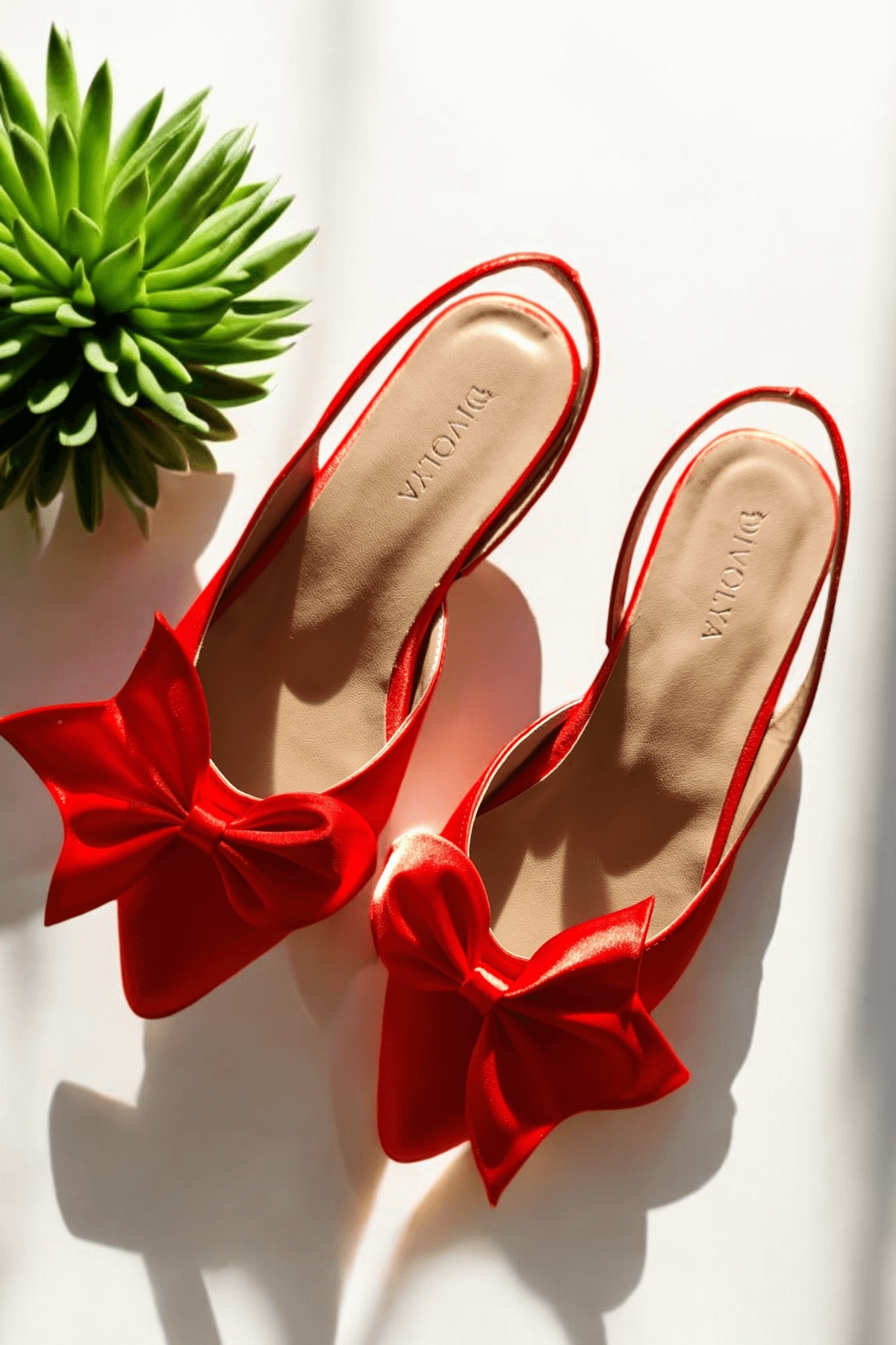 Vina Kırmızı Fiyonklu Saten (2 cm Topuklu) Bilekten Bantlı Sivri Burun Günlük Babet - Görsel 5