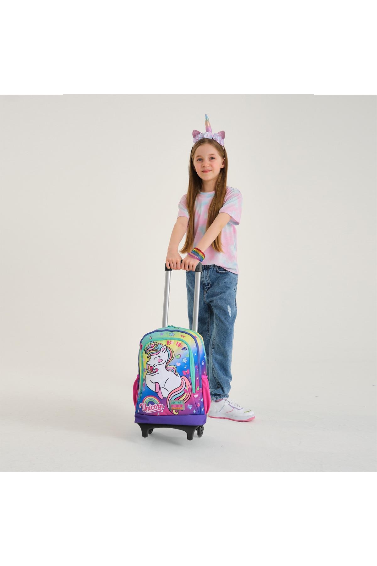 Kids Su Yeşili Pembe Flamingo Desenli Çekçekli 3’lü Okul Çanta Seti SET0123912