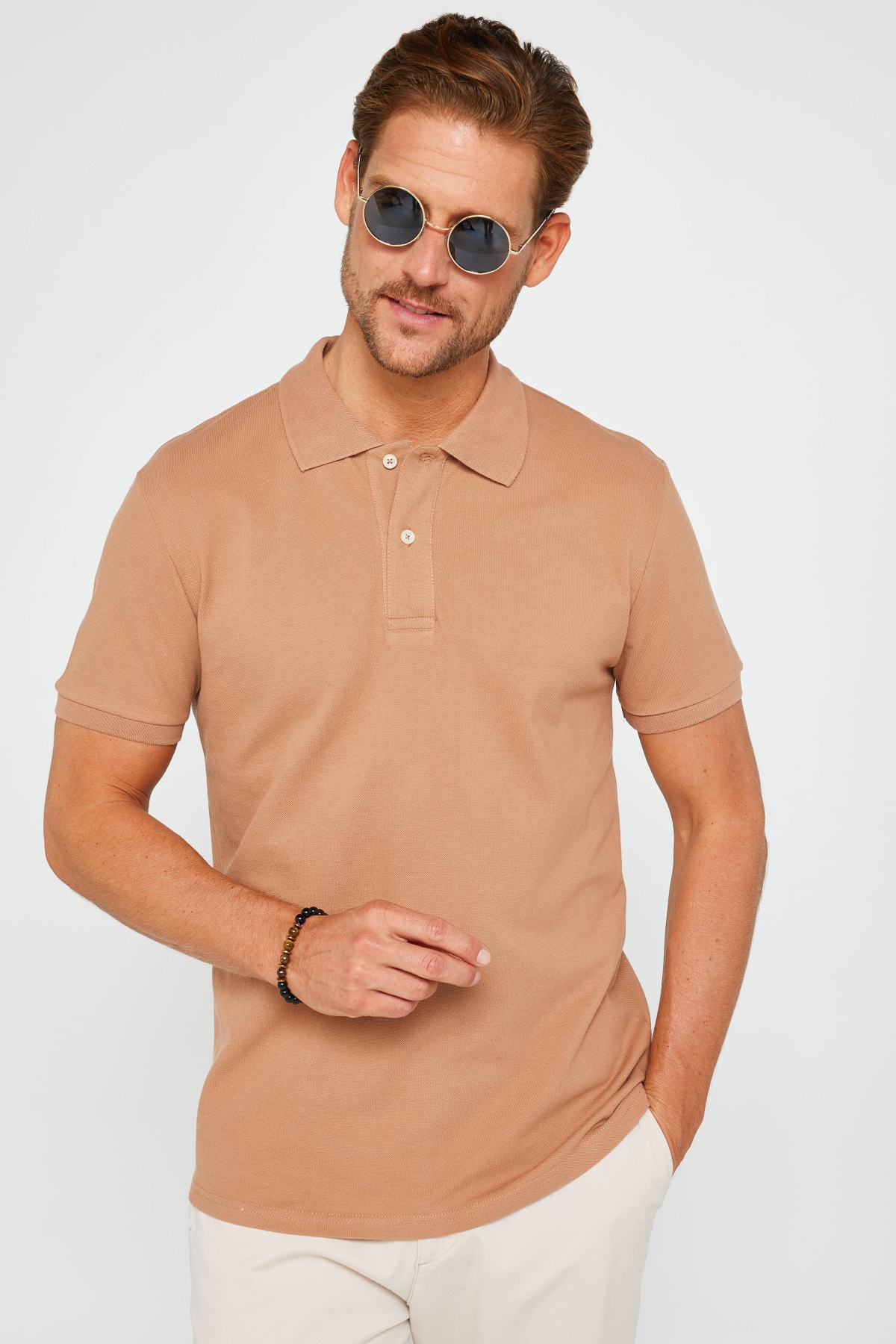 Erkek Slim Fit Dar Kesim %100 Pamuk Düz Pike Kahverengi Polo Yaka Tişört