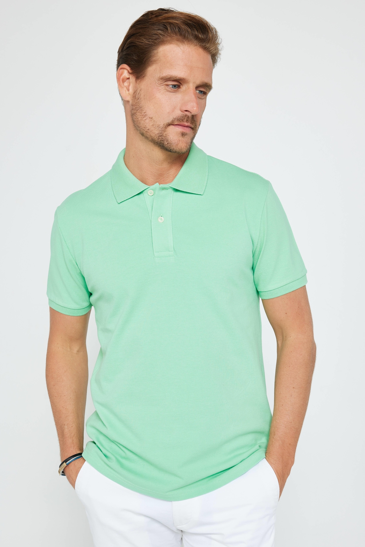 Erkek Slim Fit Dar Kesim %100 Pamuk Düz Pike Mint Polo Yaka Tişört