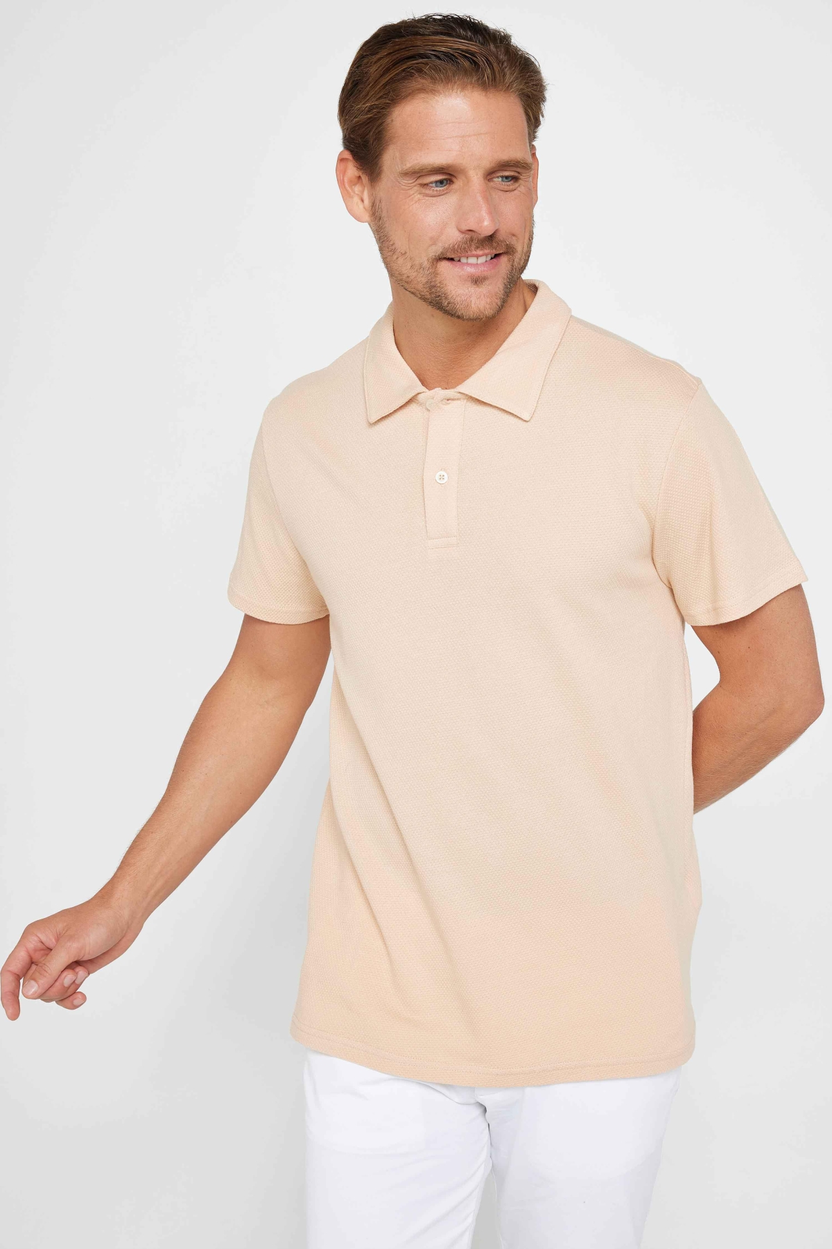 Erkek Slim Fit Dar Kesim %100 Pamuk Desenli Bej Polo Yaka Tişört