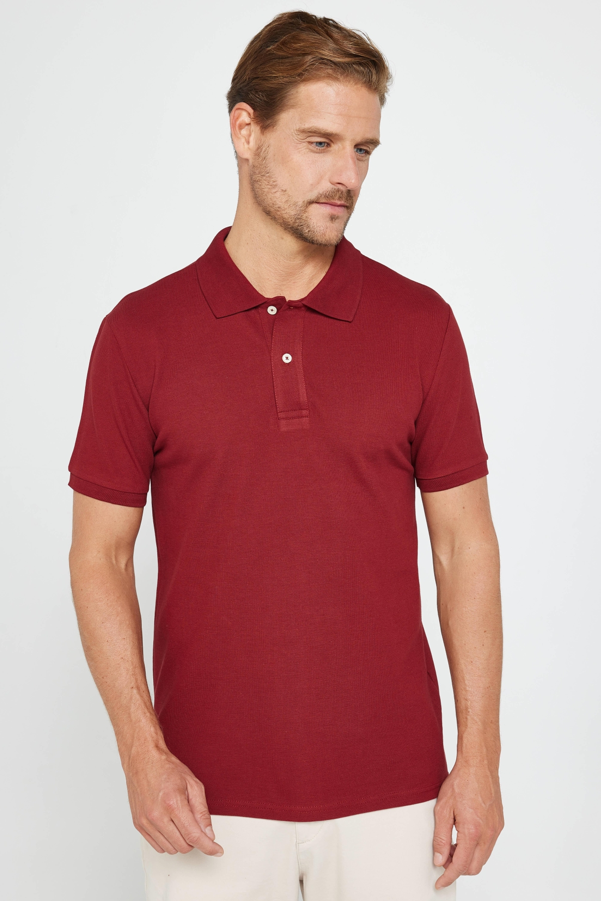 Erkek Slim Fit Dar Kesim %100 Pamuk Düz Pike Bordo Polo Yaka Tişört