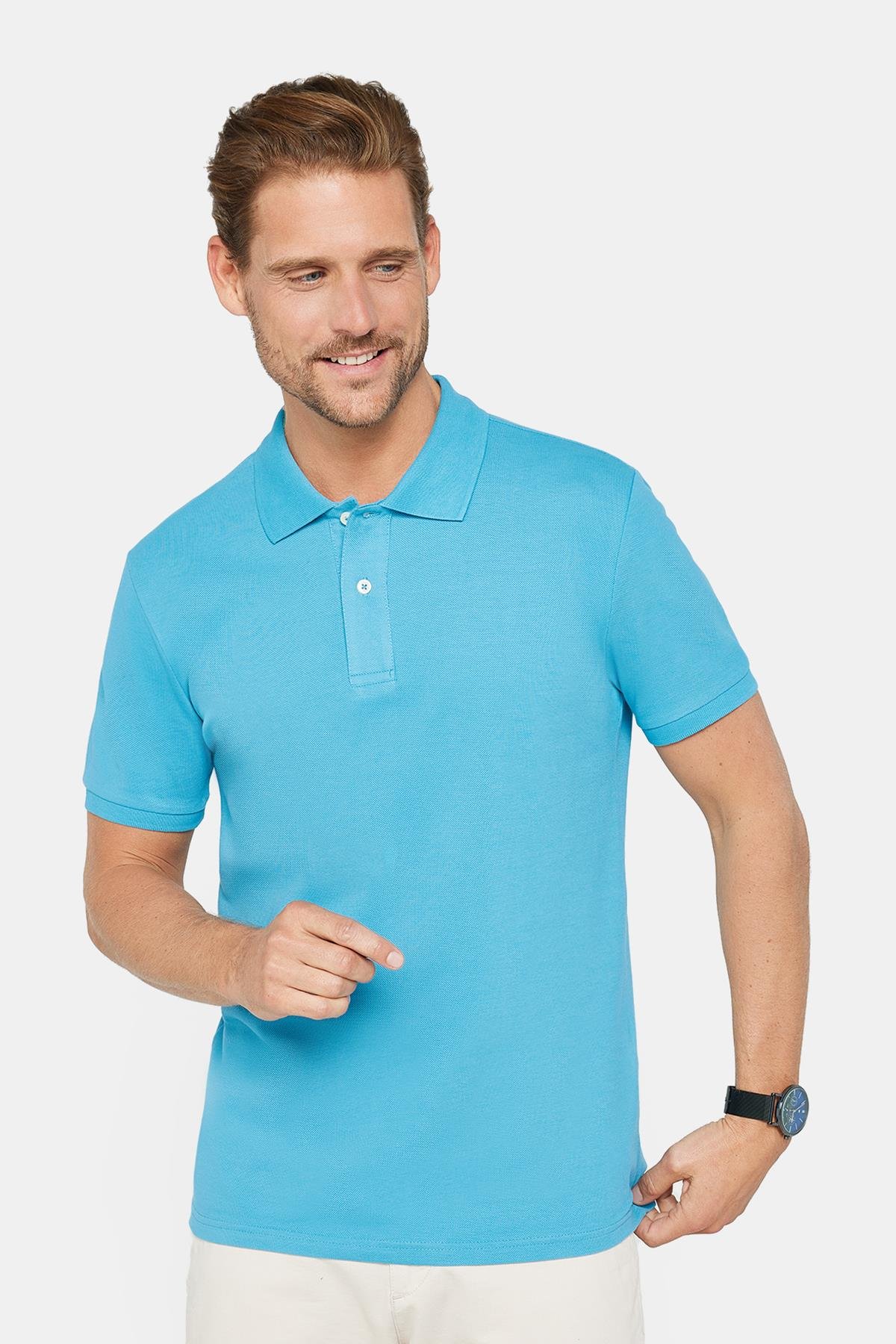 Erkek Slim Fit Dar Kesim %100 Pamuk Düz Pike Mavi Polo Yaka Tişört