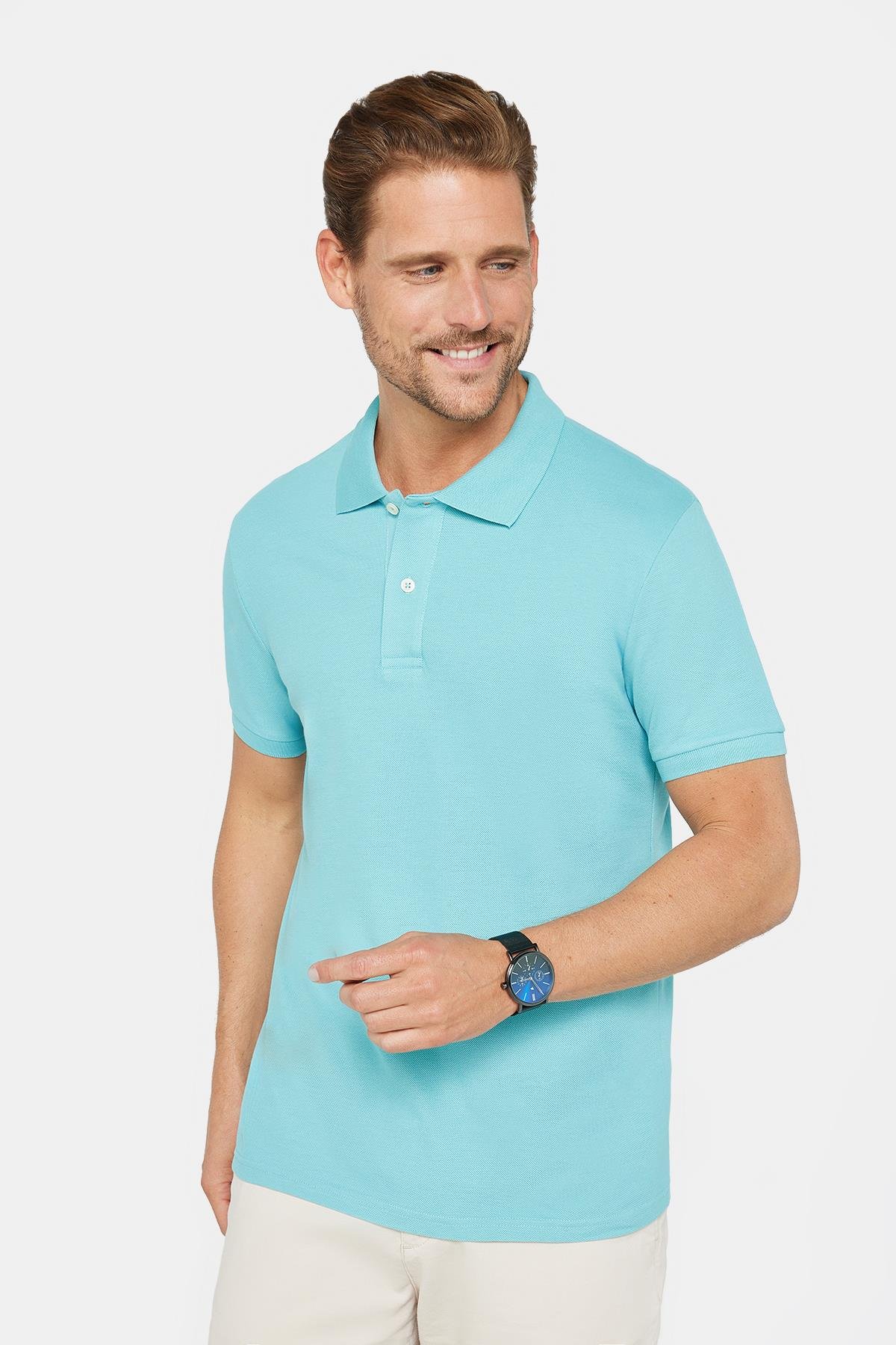 Erkek Slim Fit Dar Kesim %100 Pamuk Düz Pike Mint Polo Yaka Tişört