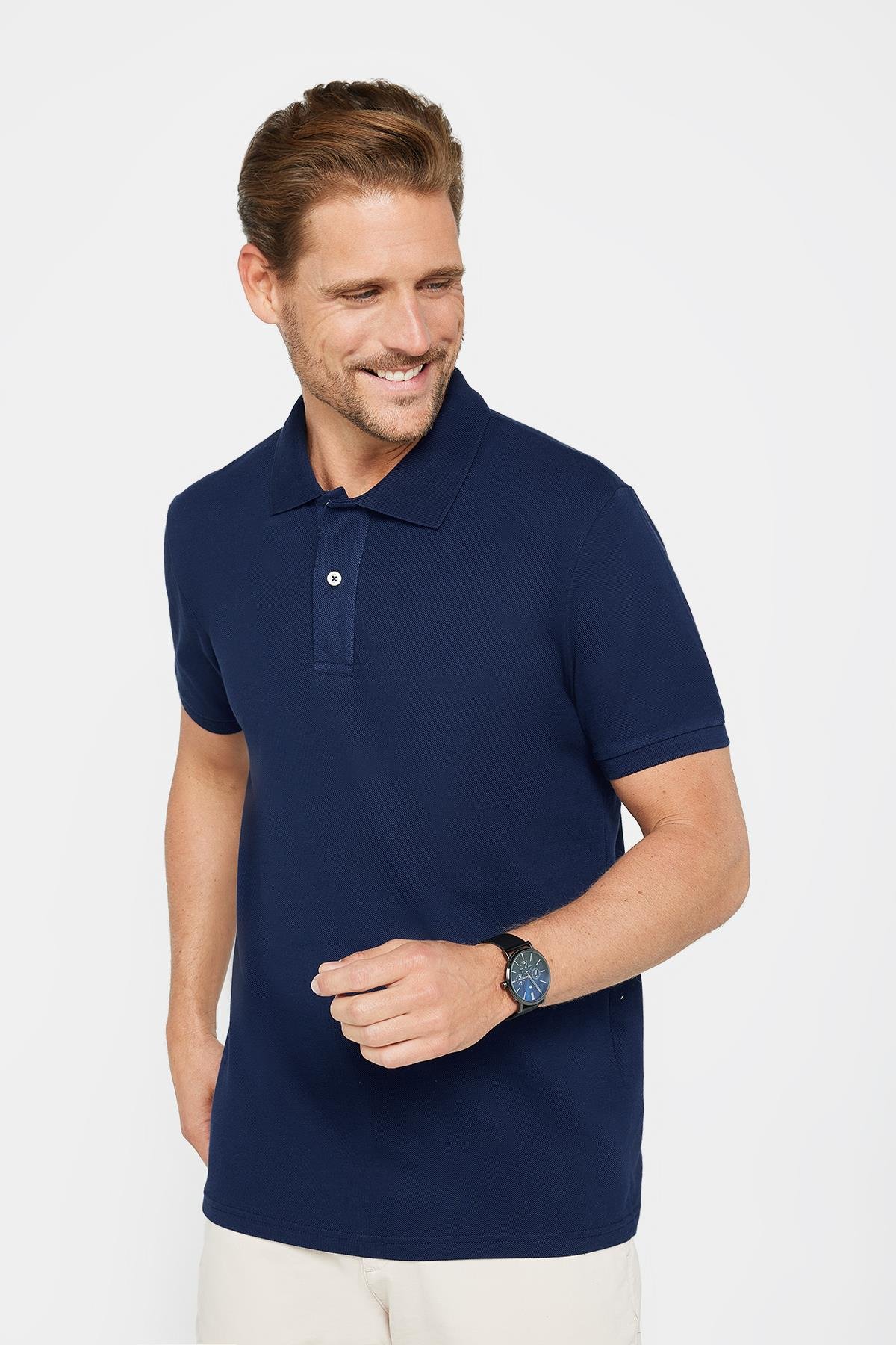 Erkek Slim Fit Dar Kesim %100 Pamuk Düz Pike Lacivert Polo Yaka Tişört