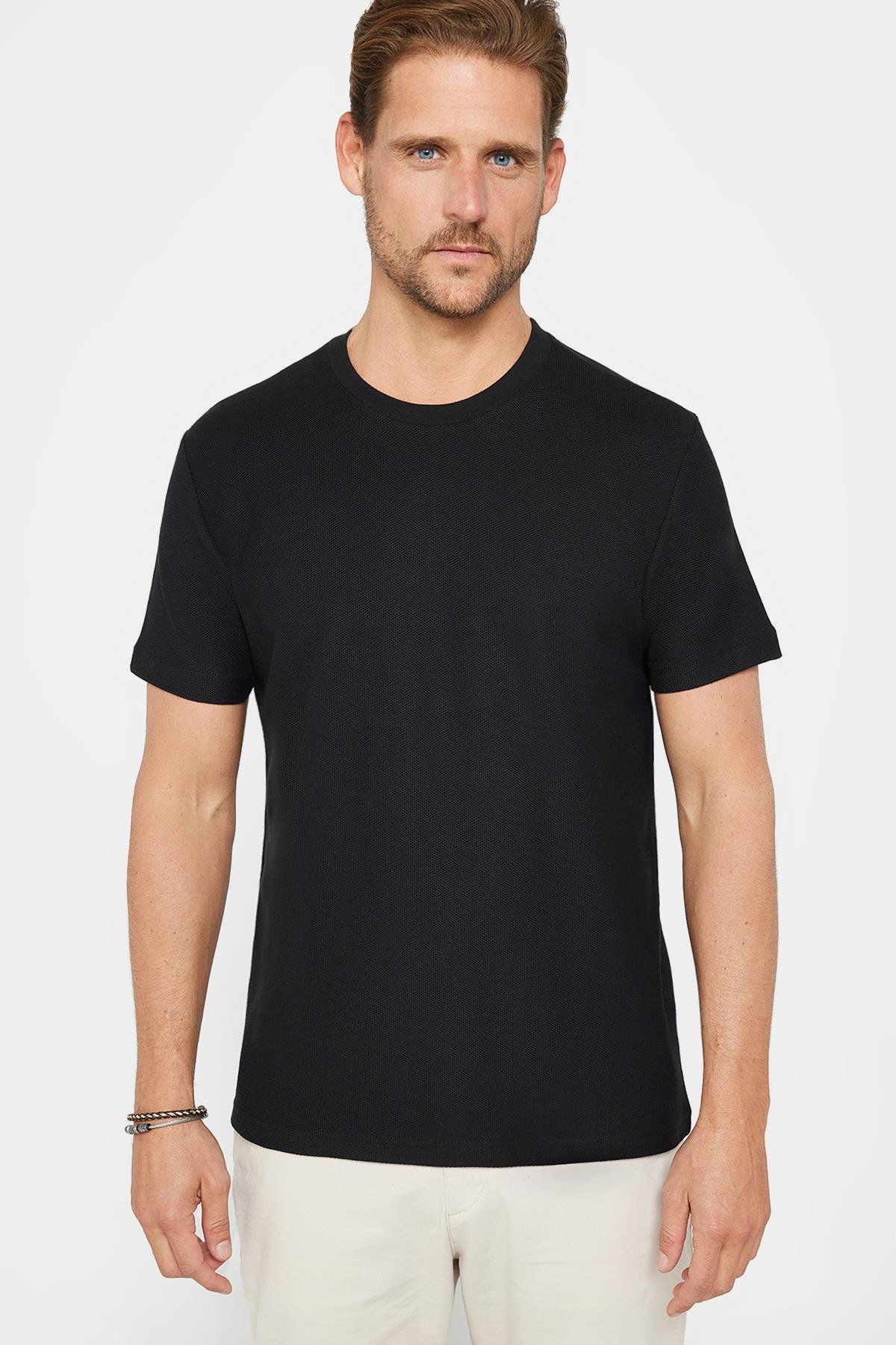 Erkek Slim Fit Dar Kesim %100 Pamuk Yumuşak Dokulu Desenli Siyah