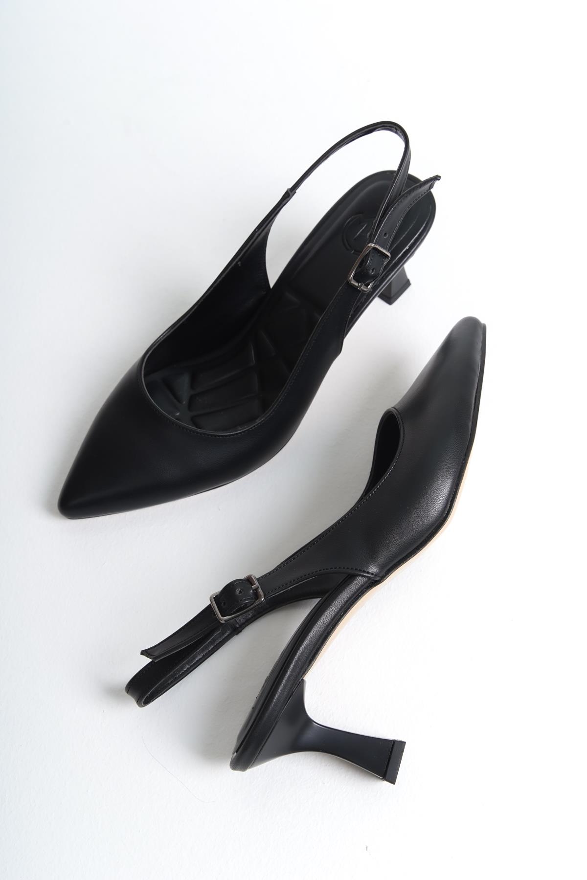 Kas Siyah Mat Stiletto Arkası Açık Kadeh Topuklu Ayakkabı - Görsel 4