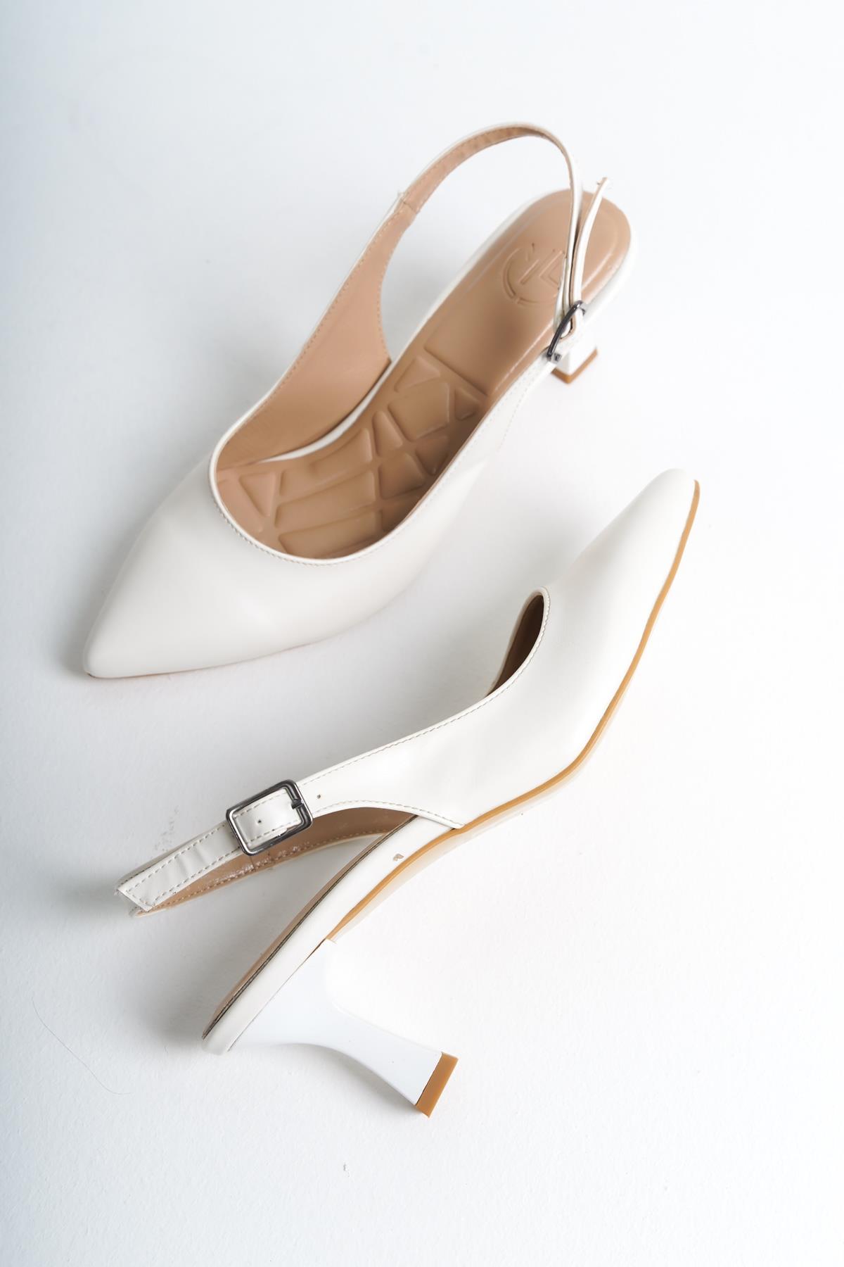 Kas Beyaz Mat Stiletto Arkası Açık Kadeh Topuklu Ayakkabı - Görsel 4