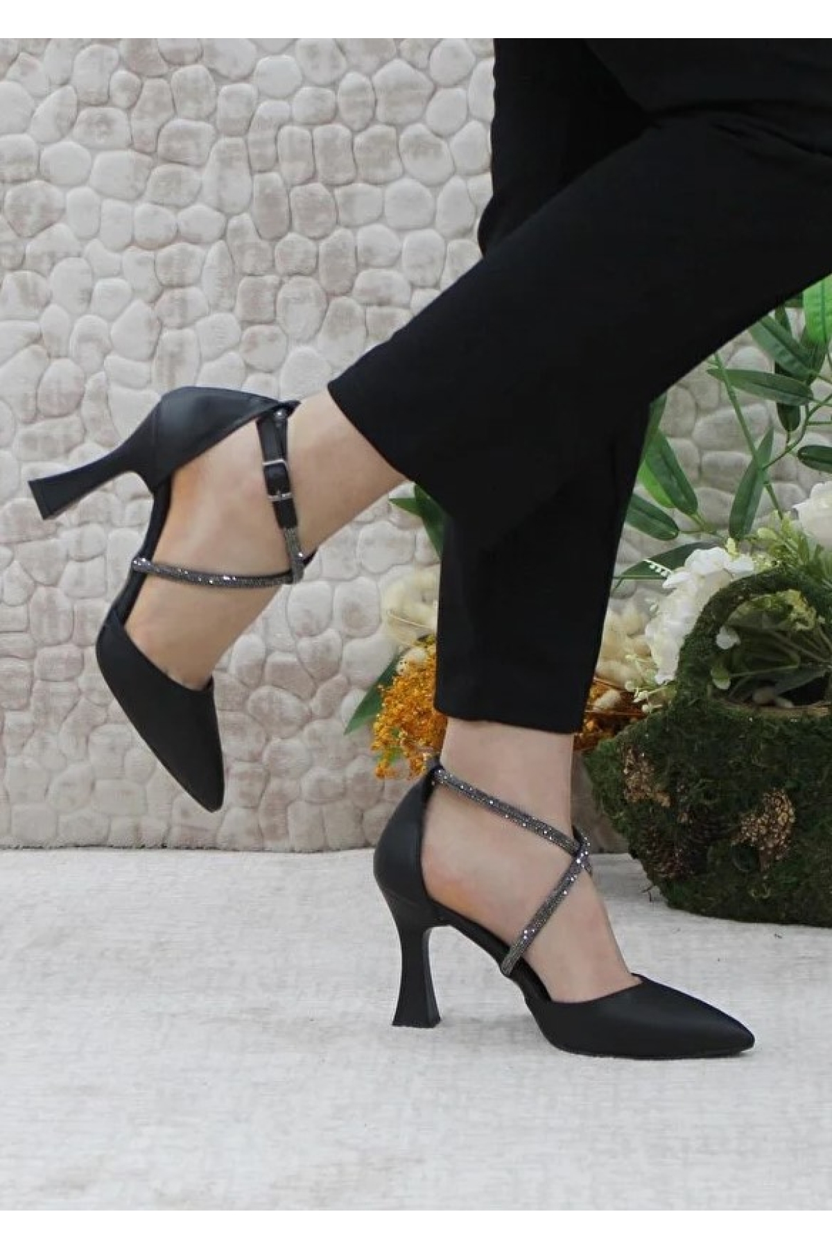 18-444 Çapraz Şerit Taşlı Abiye Kadın Topuklu Ayakkabı Stiletto - Görsel 3