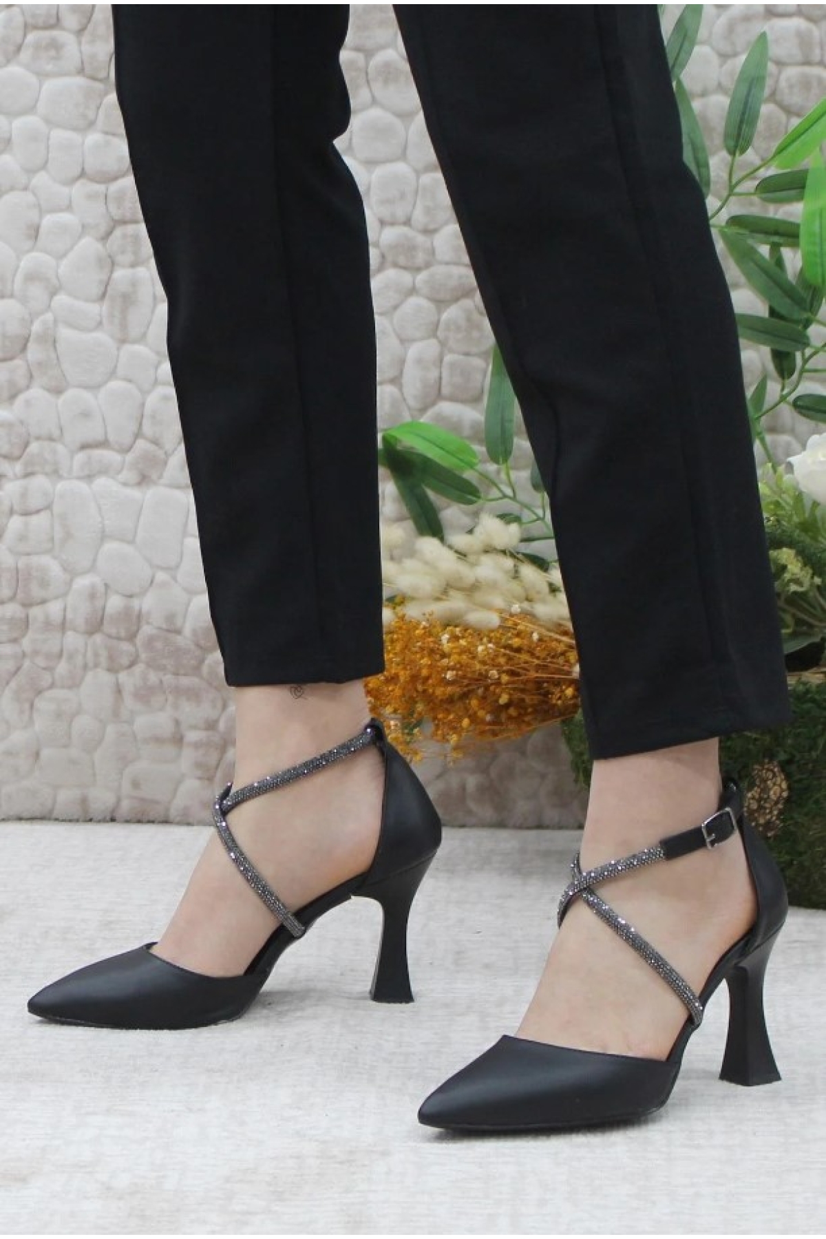 18-444 Çapraz Şerit Taşlı Abiye Kadın Topuklu Ayakkabı Stiletto - Görsel 4