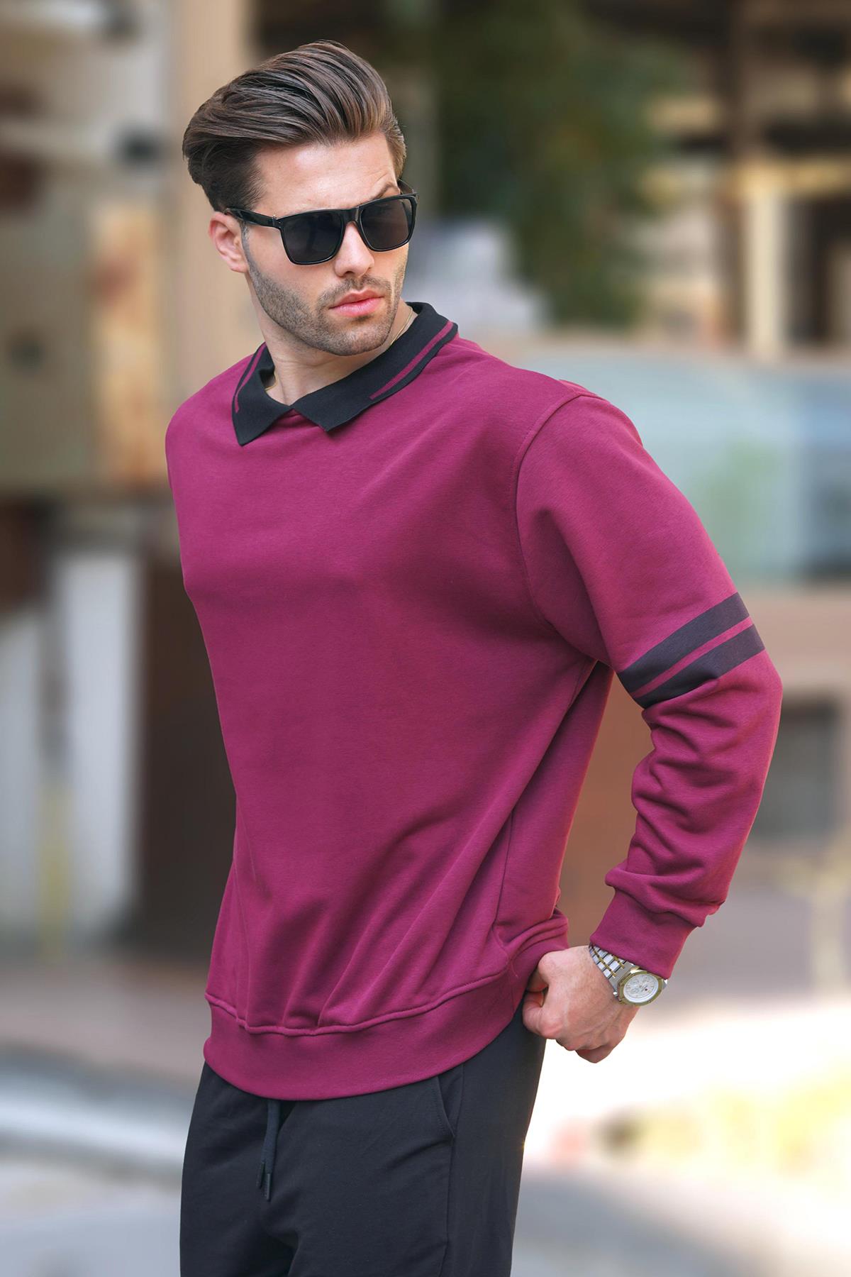 Bordo Polo Yaka Oversize Kolu Şeritli Erkek Sweatshirt 7048