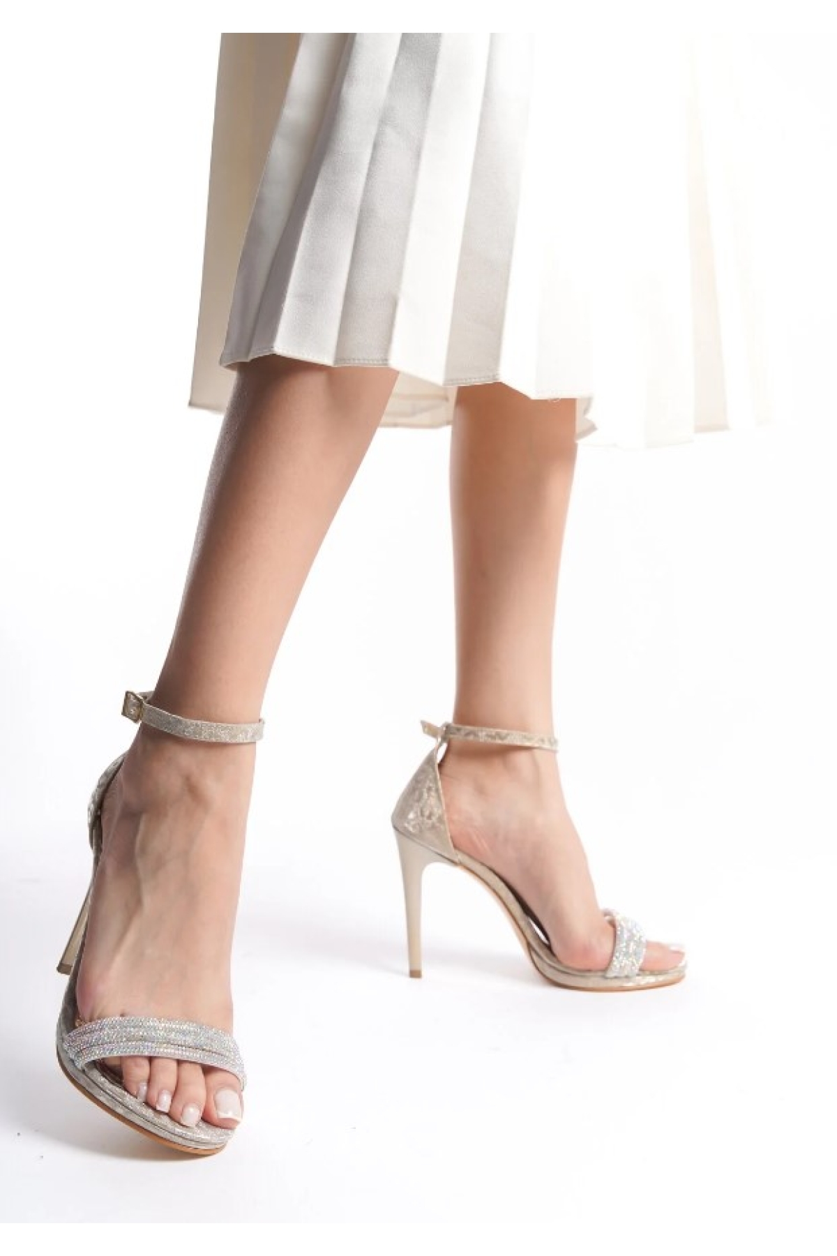 Üç Şerit Taş Detaylı Tek Bant Platform 11 cm İnce Topuklu Kadın Ayakkabı - Görsel 6