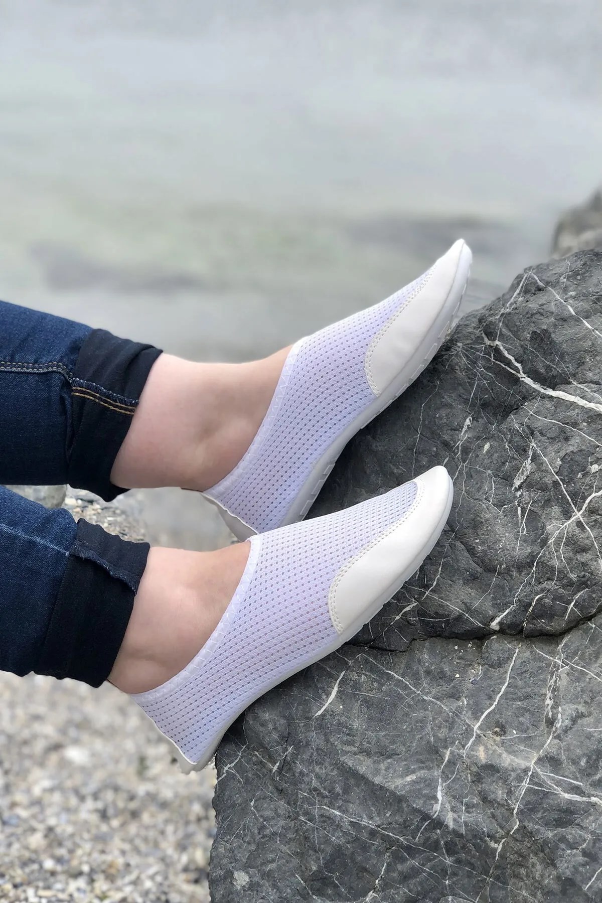 Unisex Beyaz Kalın Tabanlı Rahat Ortopedik Plaj Havuz Bahçe Deniz Ayakkabısı BEACH-0735 - Görsel 4