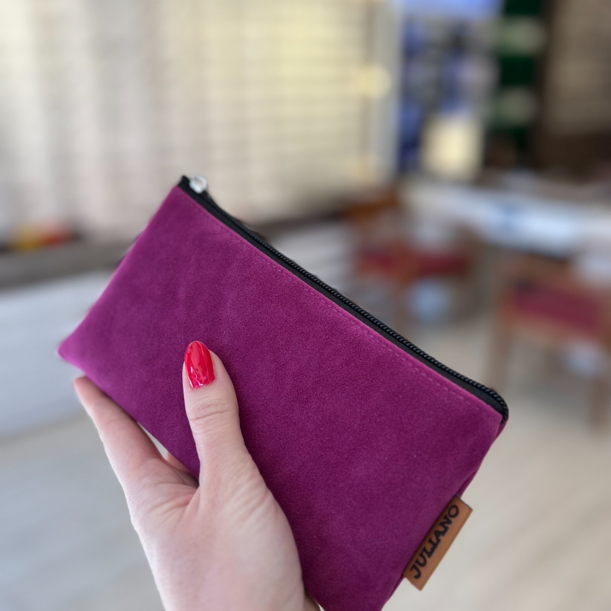 JulianoFuşya Süet Özel Tasarım Fermuarlı Gözlük Kılıfı - Çanta