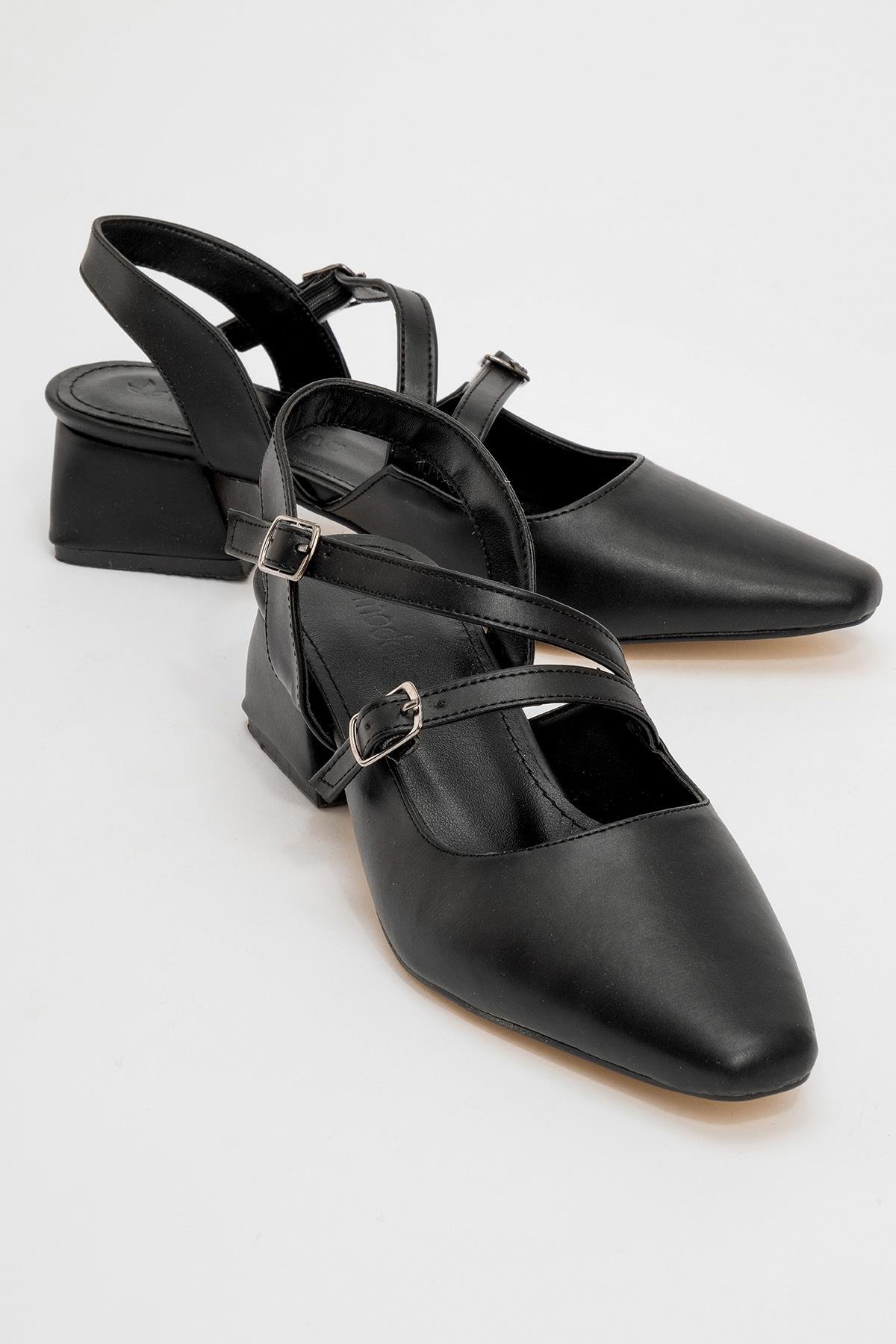 Kadın Arkası Açık 2 Tokalı Topuklu Sandalet SİYAH CİLT - Görsel 2