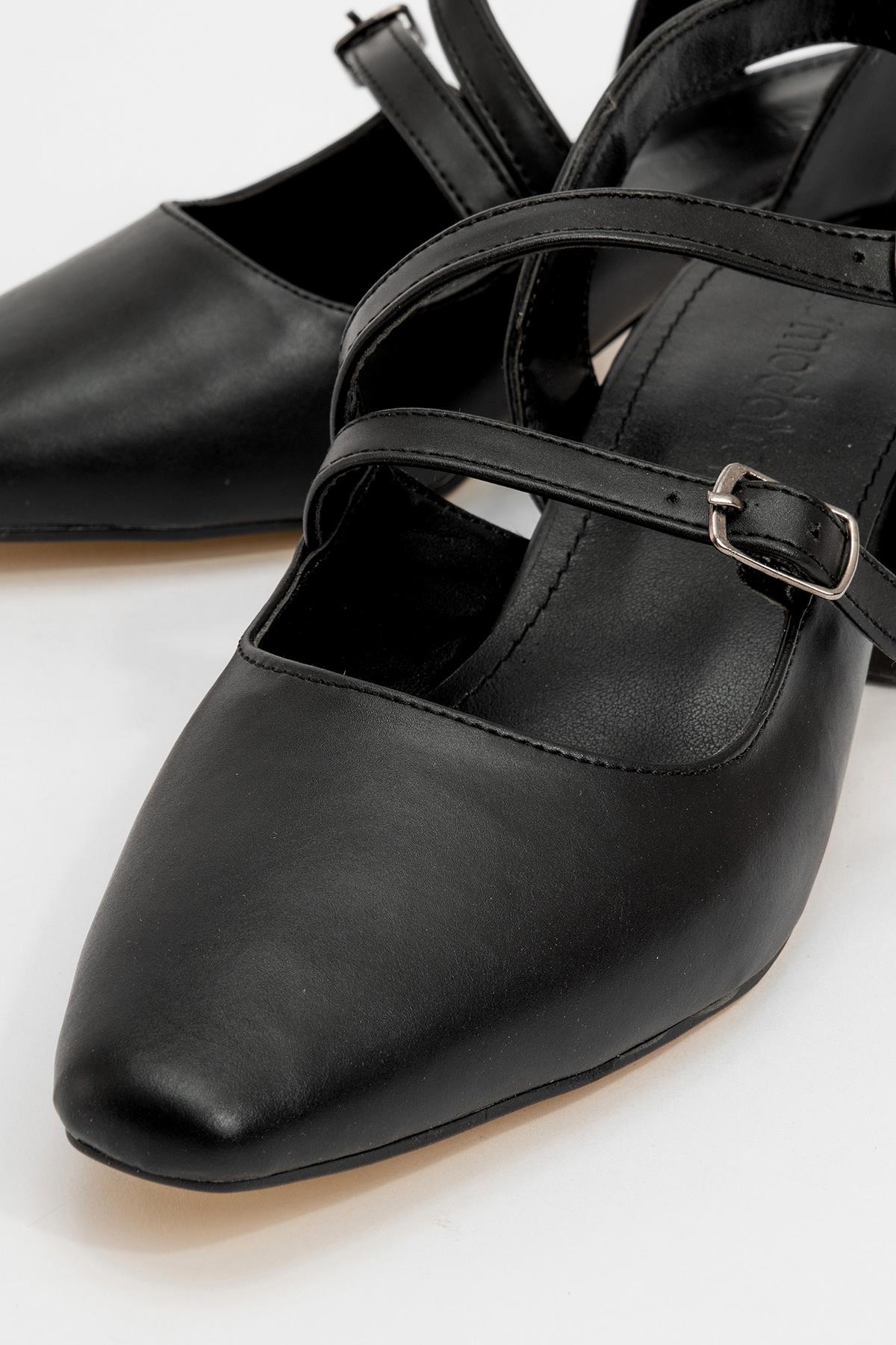 Kadın Arkası Açık 2 Tokalı Topuklu Sandalet SİYAH CİLT - Görsel 4