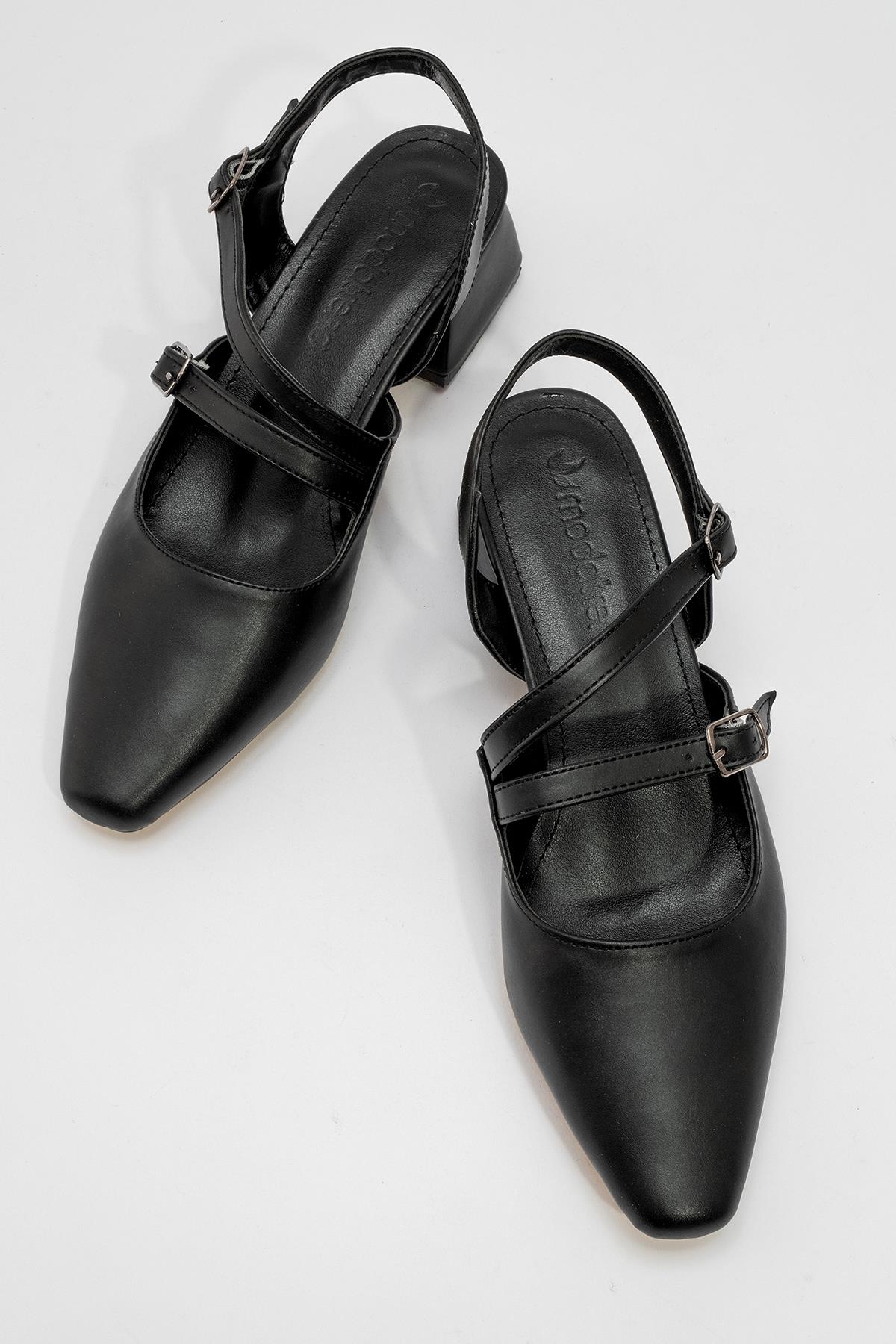 Kadın Arkası Açık 2 Tokalı Topuklu Sandalet SİYAH CİLT - Görsel 6