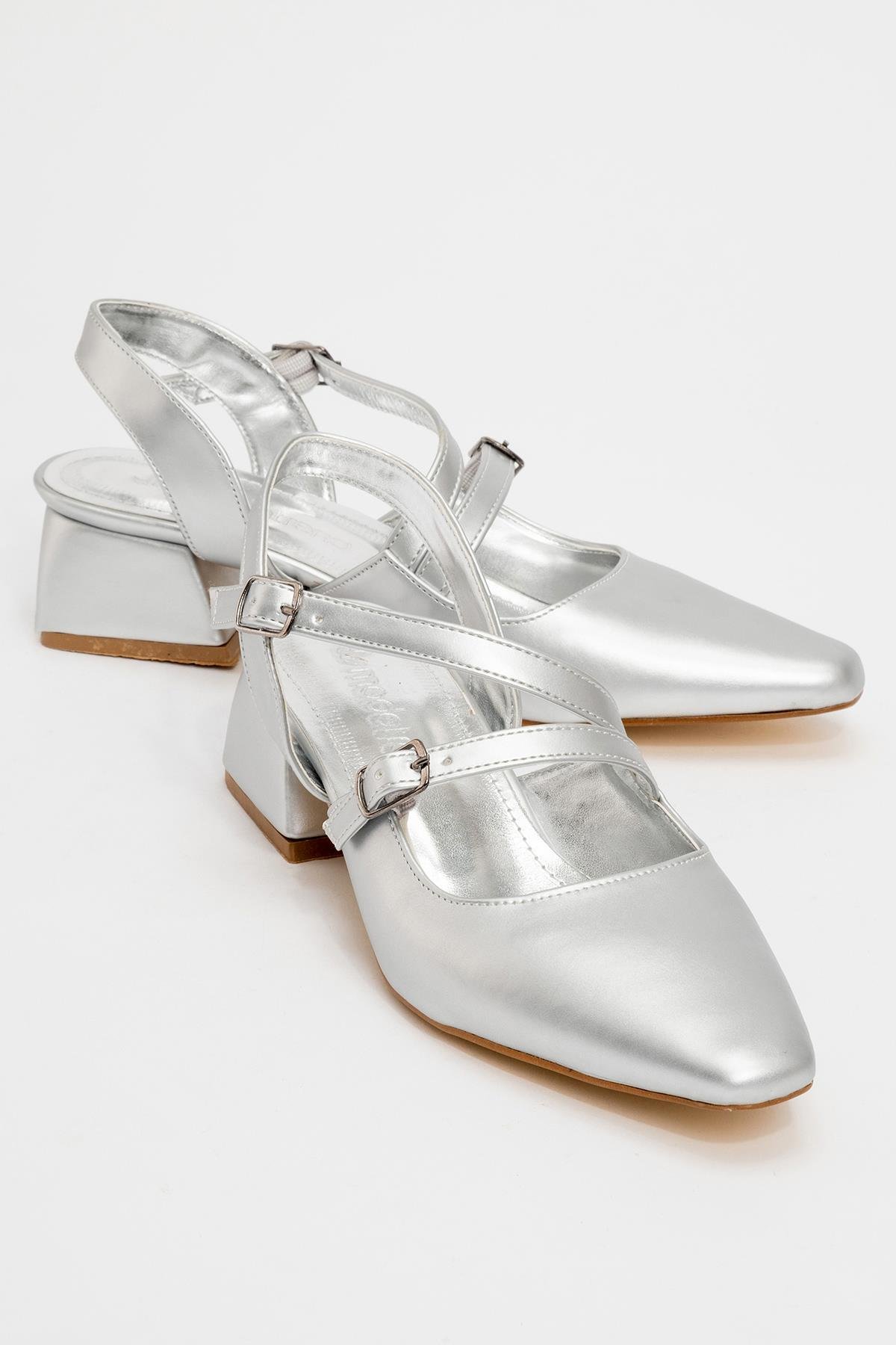 Kadın Arkası Açık 2 Tokalı Topuklu Sandalet GÜMÜŞ CİLT - Görsel 2