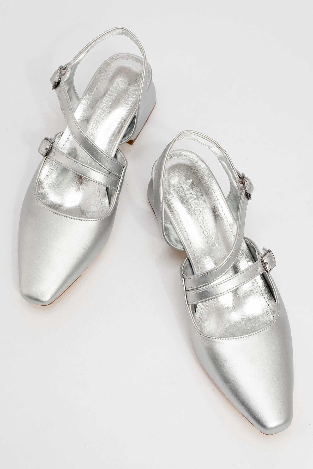 Kadın Arkası Açık 2 Tokalı Topuklu Sandalet GÜMÜŞ CİLT - Görsel 6