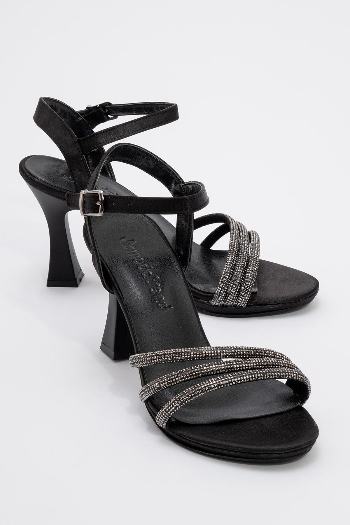 Kadın Biyeli Taşlı Topuklu Sandalet SİYAH SATEN - Görsel 2