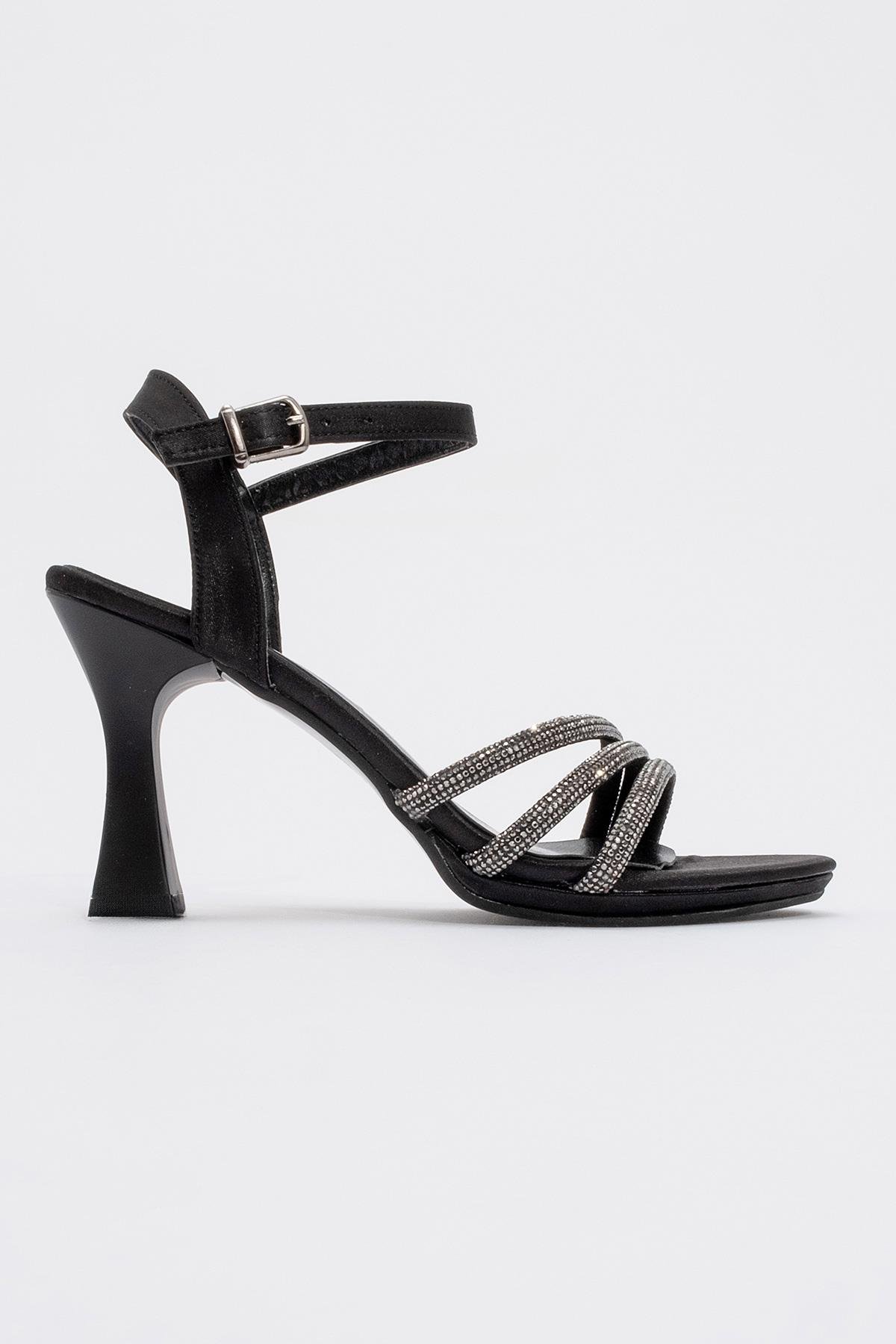 Kadın Biyeli Taşlı Topuklu Sandalet SİYAH SATEN - Görsel 3