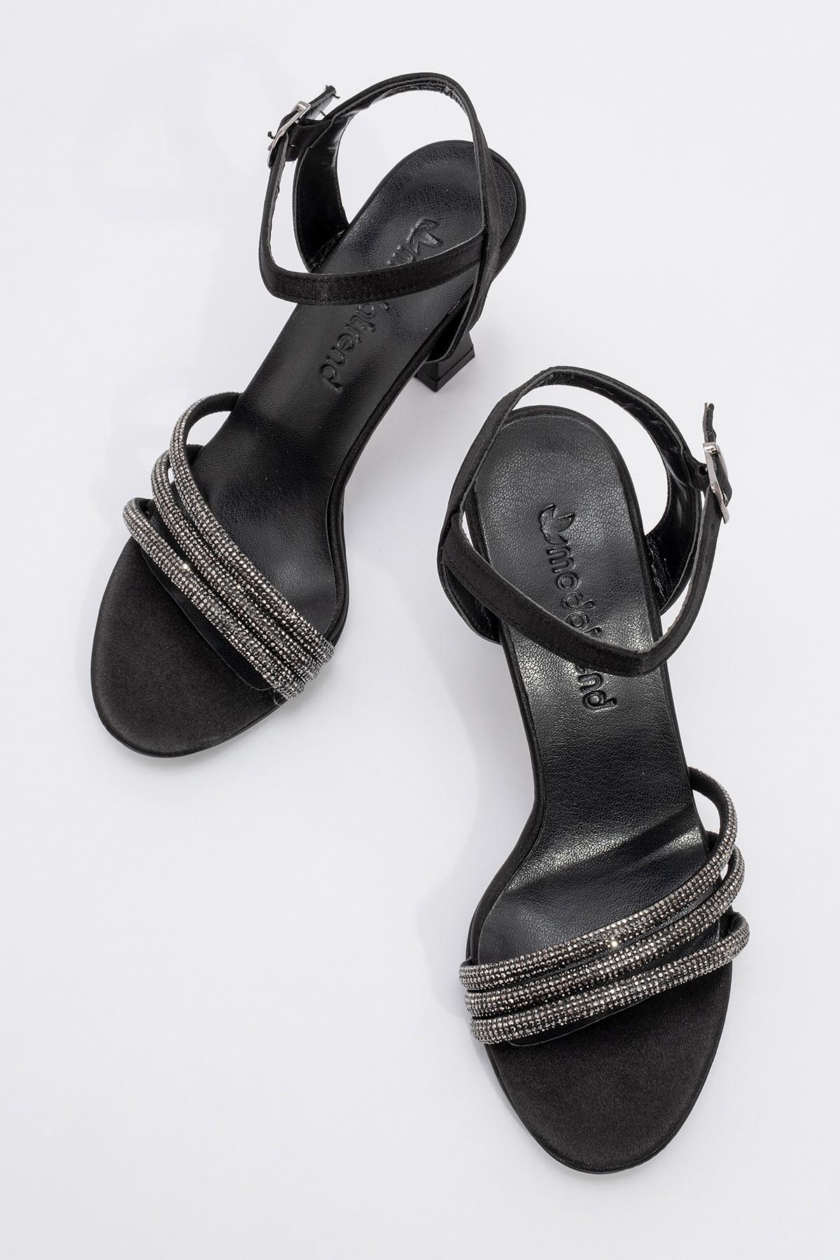 Kadın Biyeli Taşlı Topuklu Sandalet SİYAH SATEN - Görsel 6