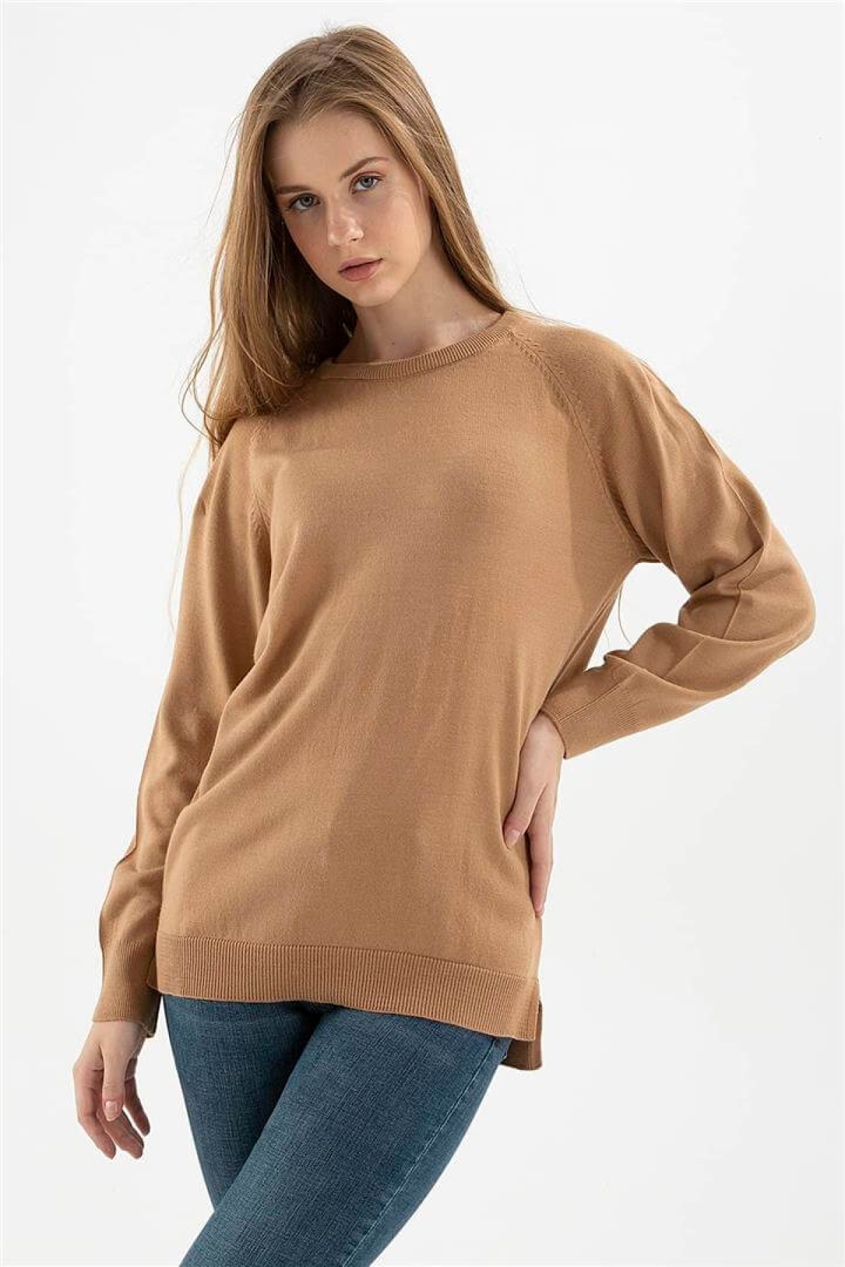 Bisiklet Yaka Tunik Camel