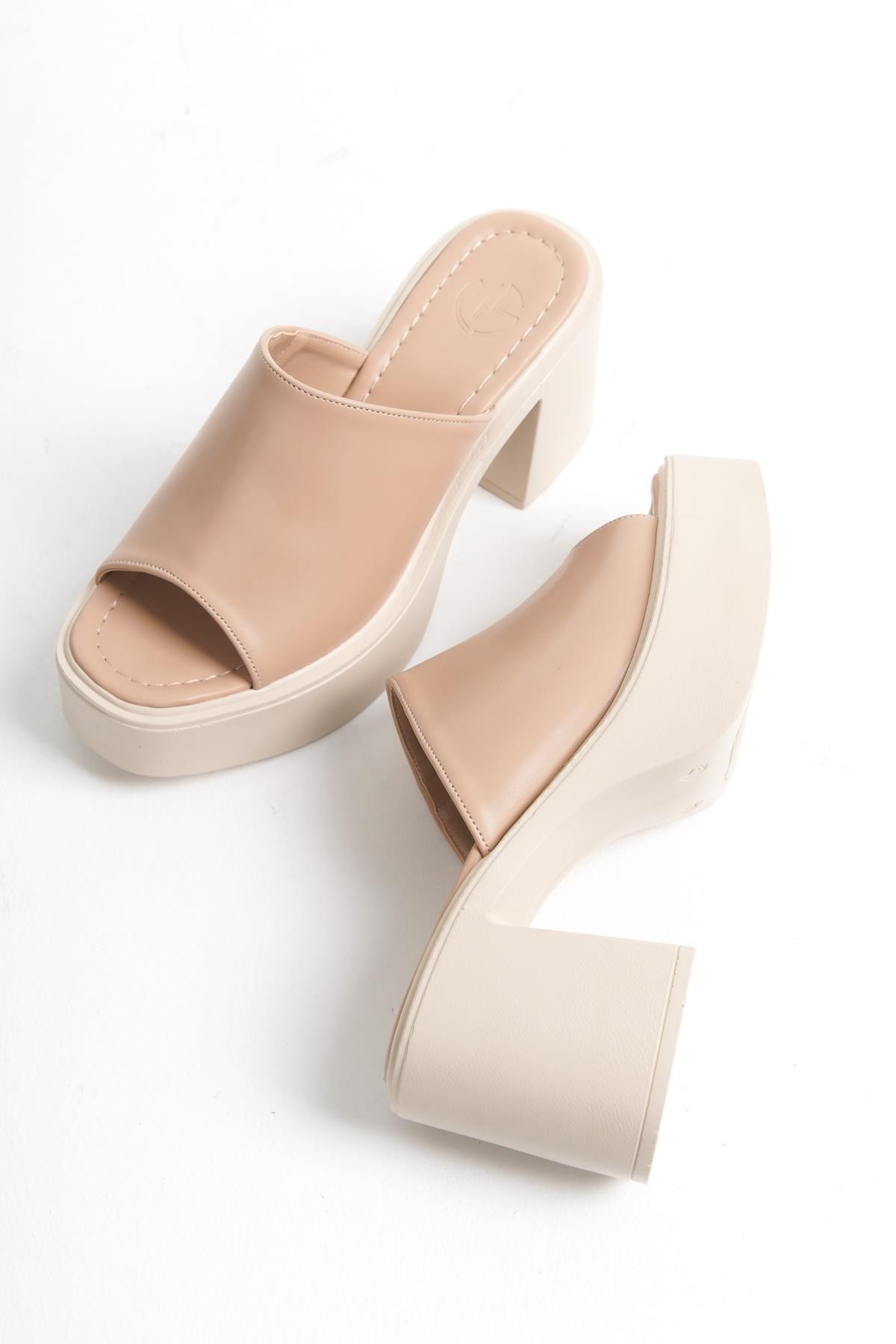 Arhez Ten Rengi Tek Bant Kalın Platform Topuklu Günlük Terlik - Görsel 4