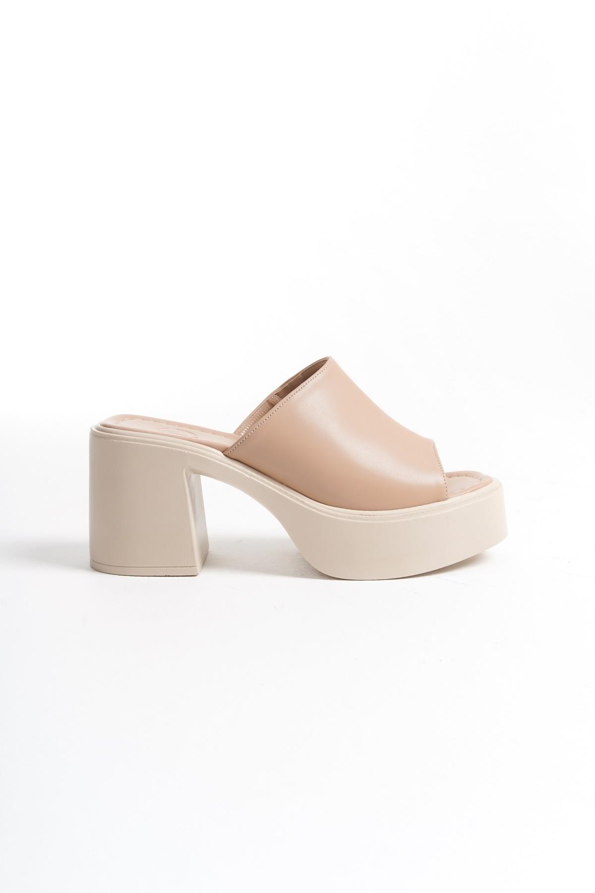 Arhez Ten Rengi Tek Bant Kalın Platform Topuklu Günlük Terlik - Görsel 5
