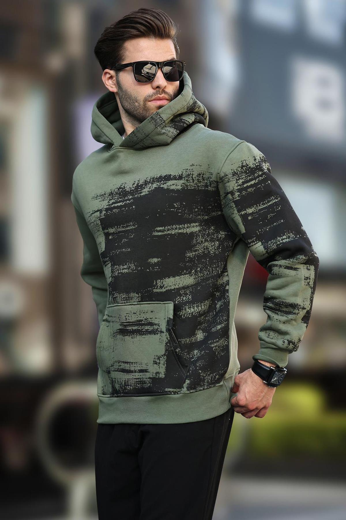 Haki Kapüşonlu Desenli Cep Detaylı Erkek Sweatshirt 7059