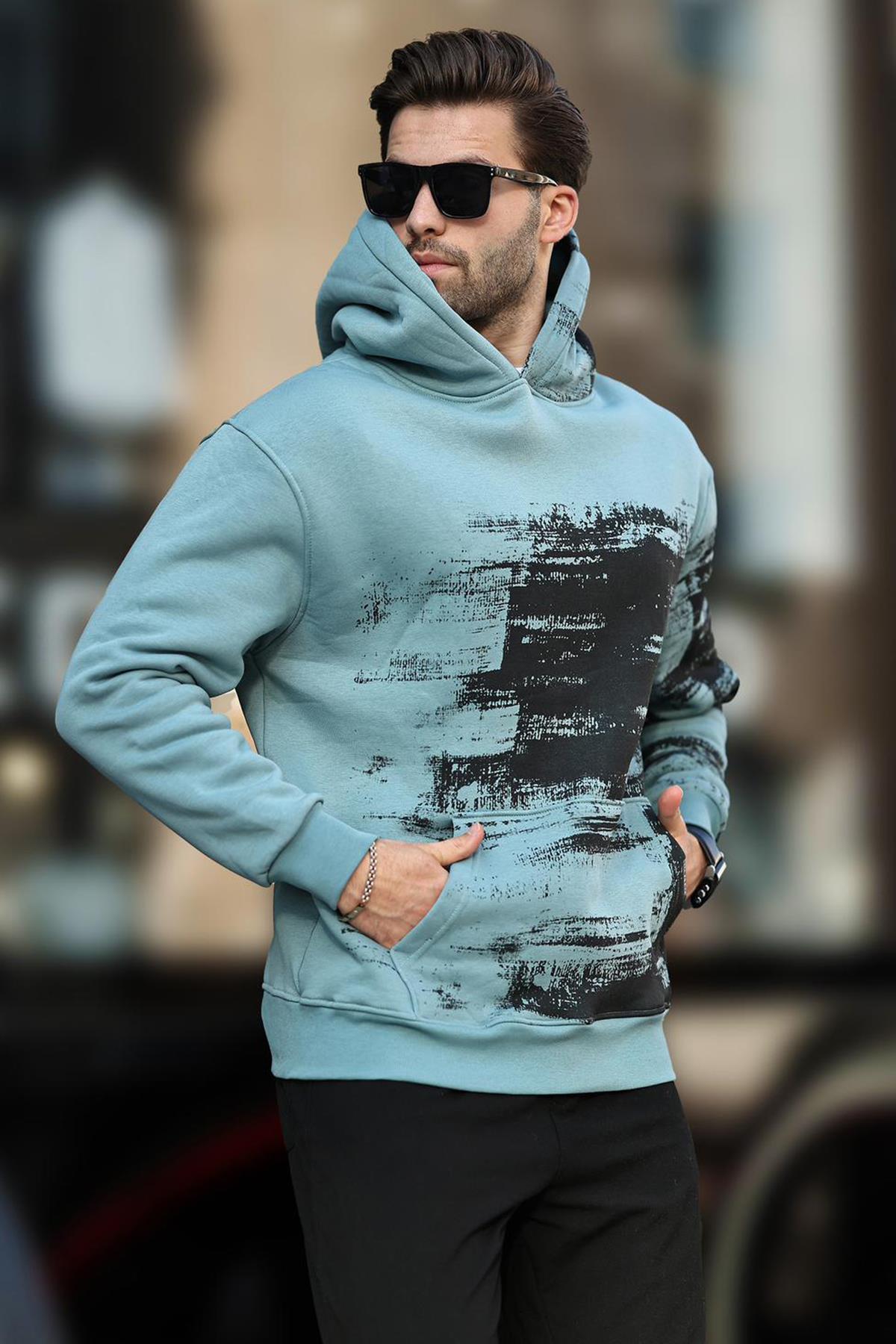 Mavi Kapüşonlu Desenli Cep Detaylı Erkek Sweatshirt 7059